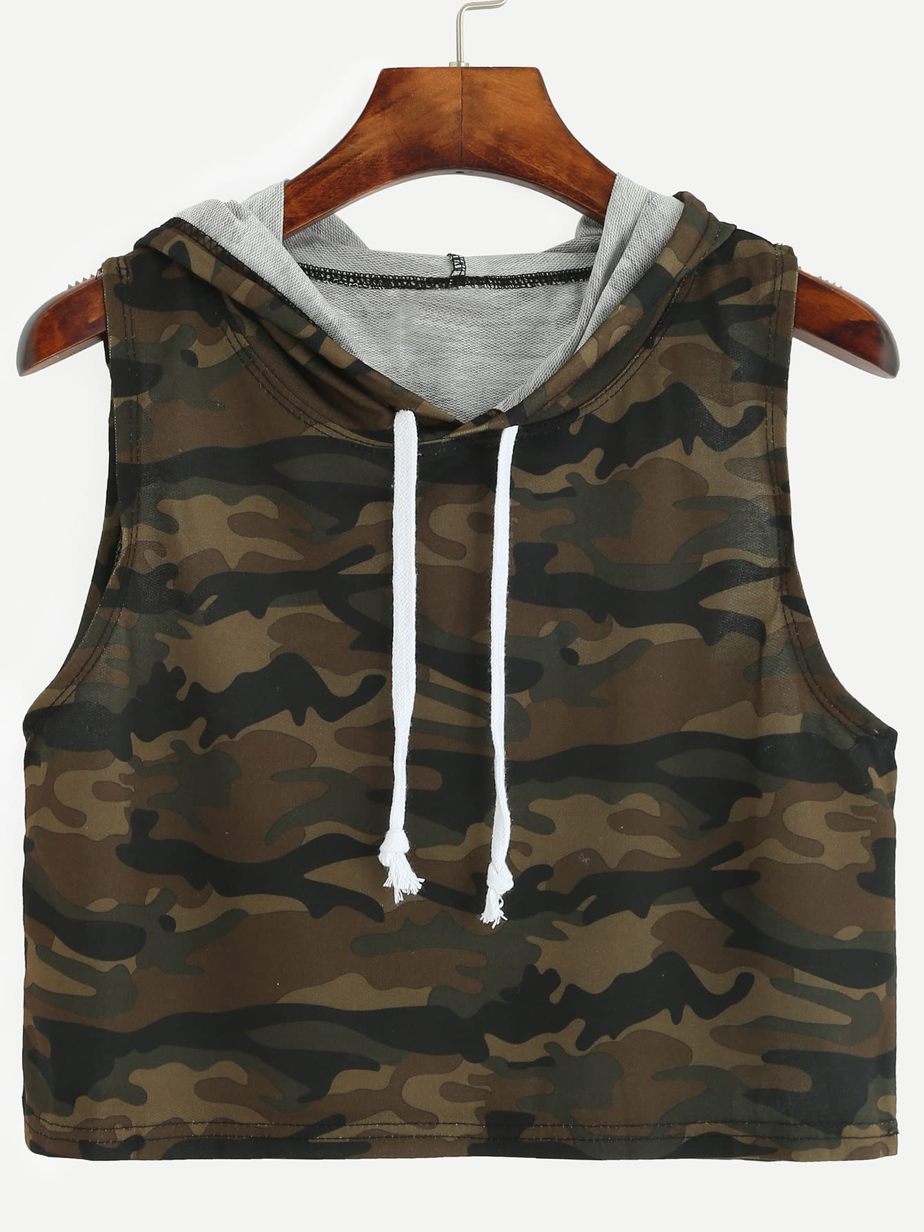 Olive Green Camo Print Crop Hooded Top