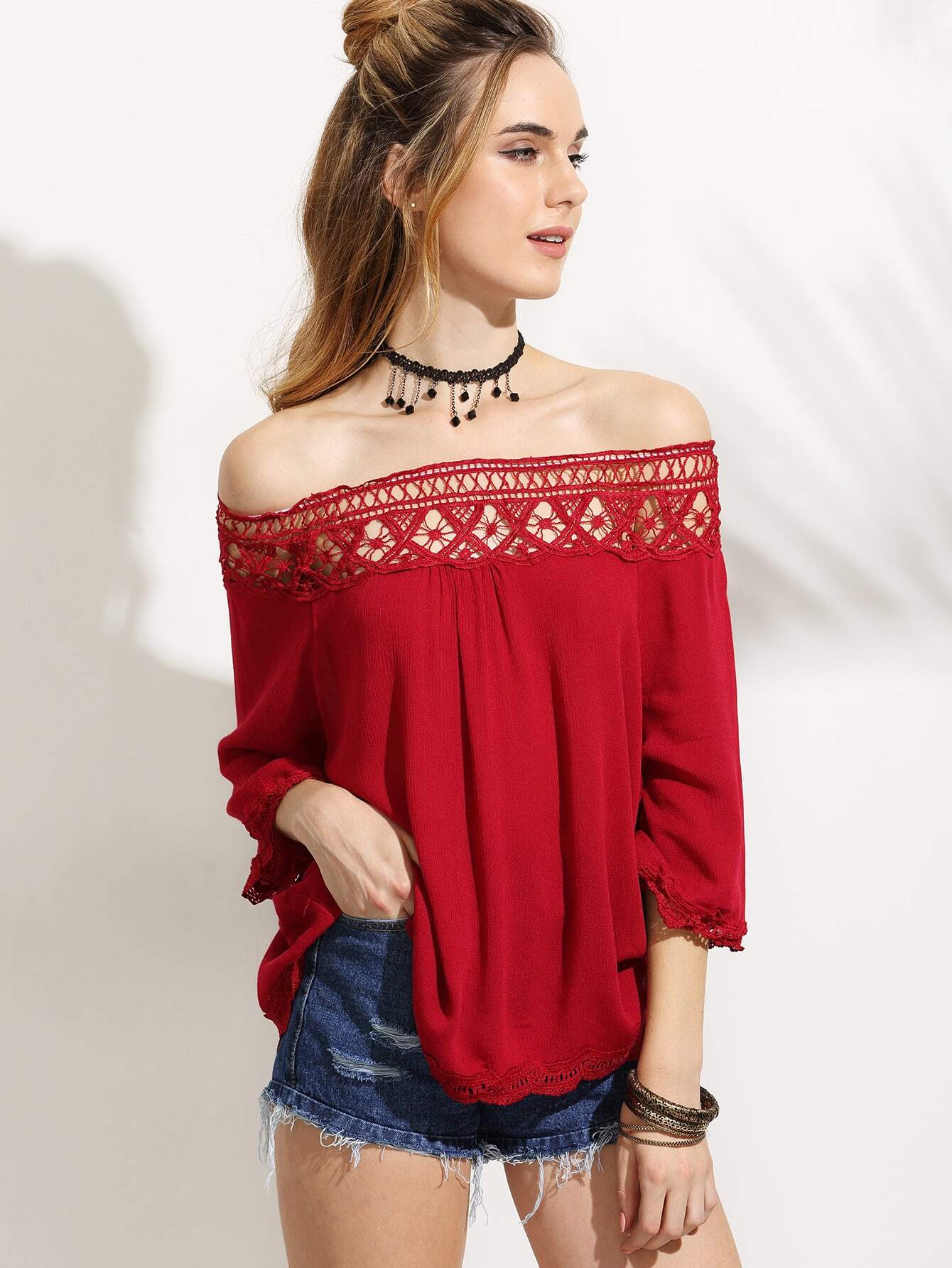 Red Crochet Insert Off The Shoulder Top