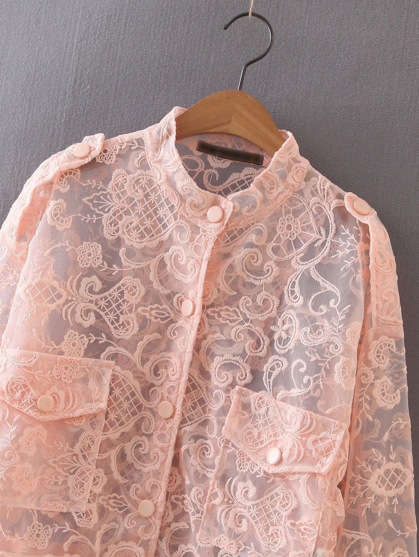 Pink Embroidery Button Front Sheer JacketFor Womenromwe