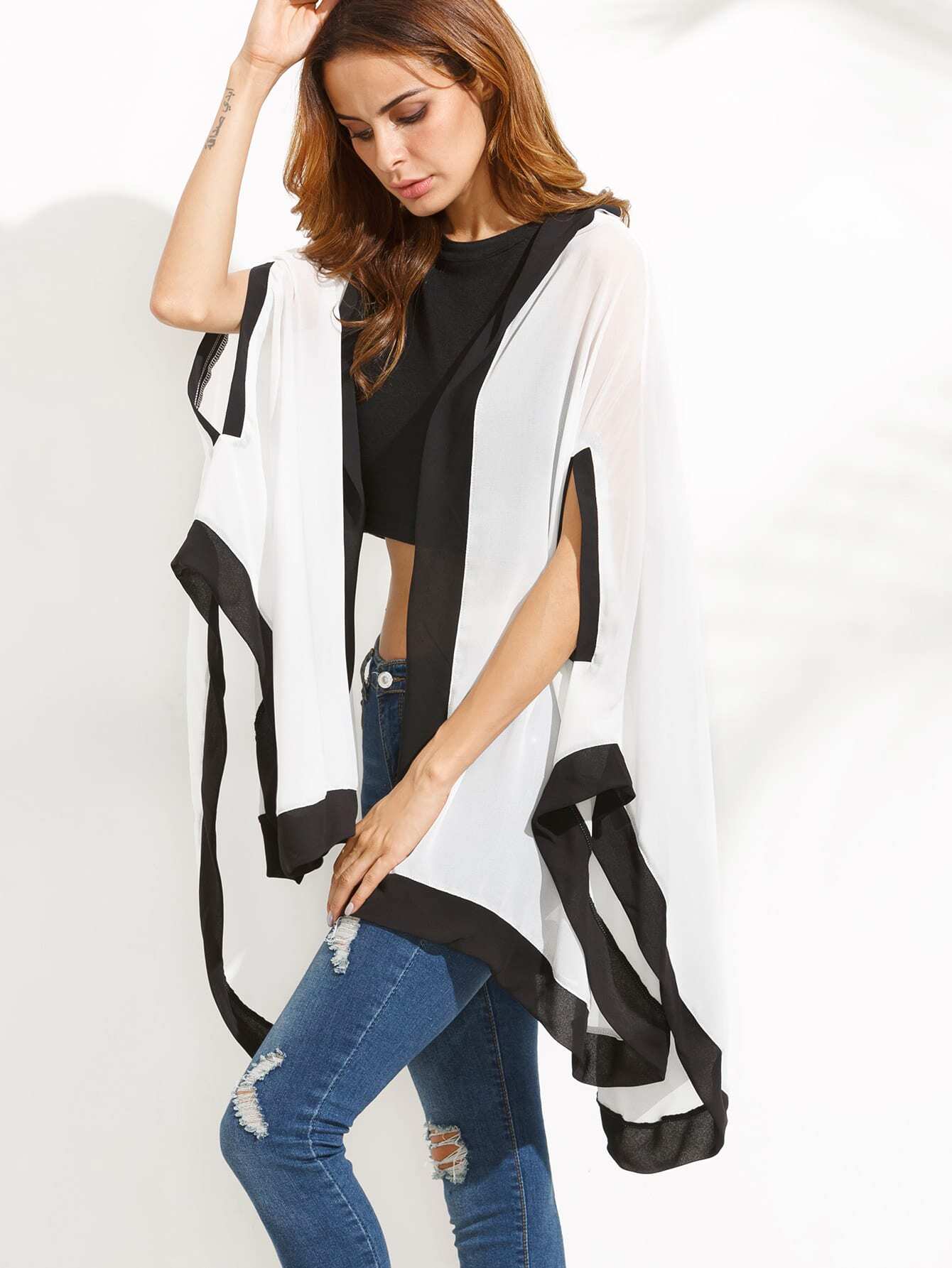 White Contrast High Low Hooded KimonoFor Womenromwe