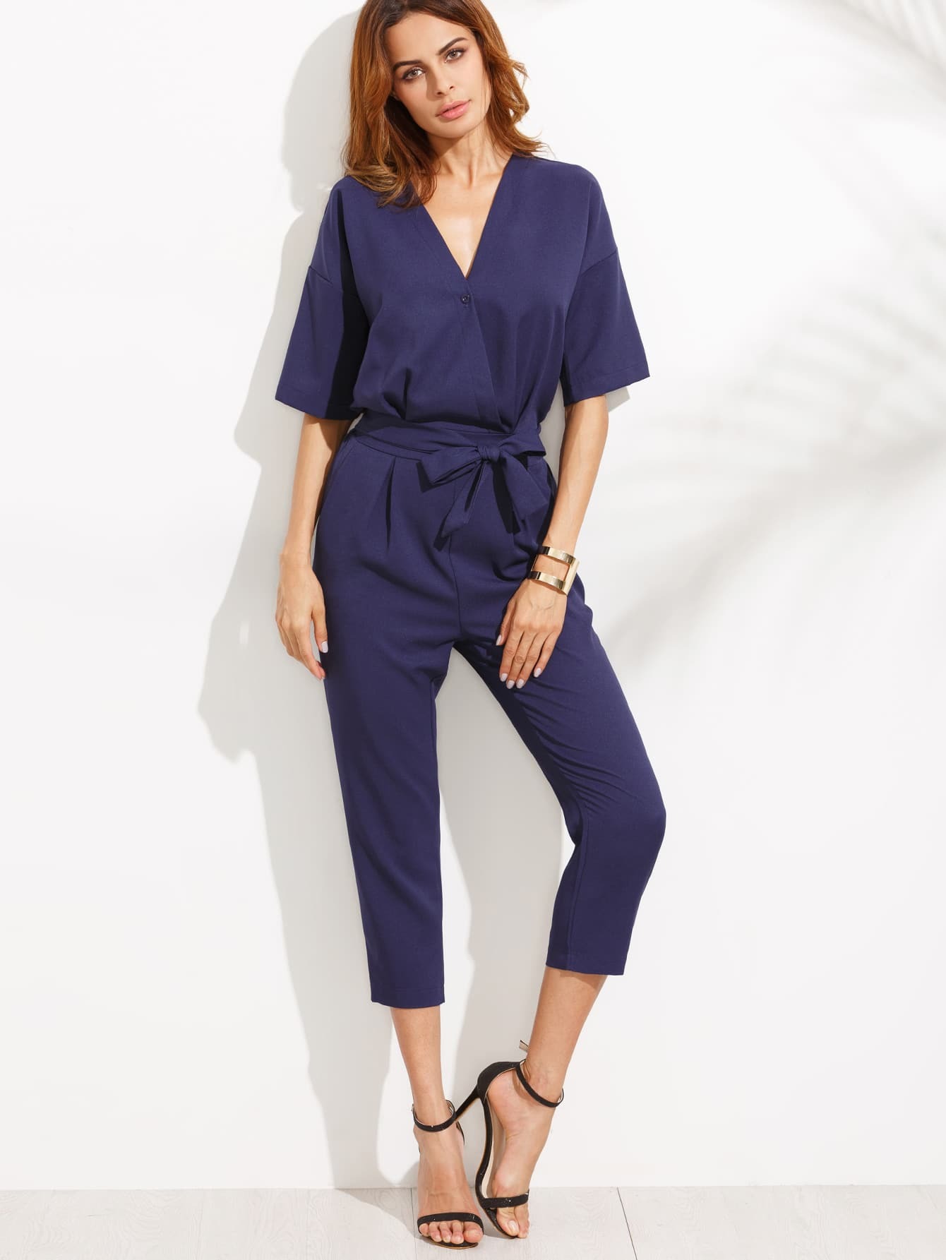 Blue V Neck Self Tie Jumpsuit