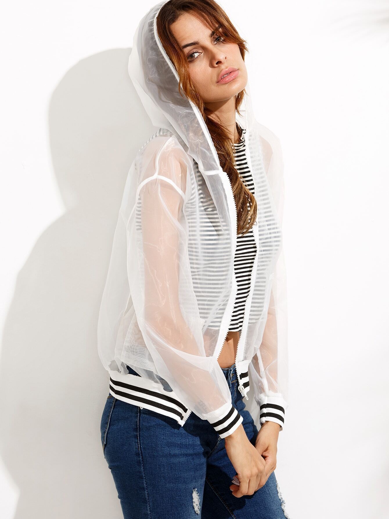White Striped Trim Organza Mesh Hooded JacketFor Womenromwe
