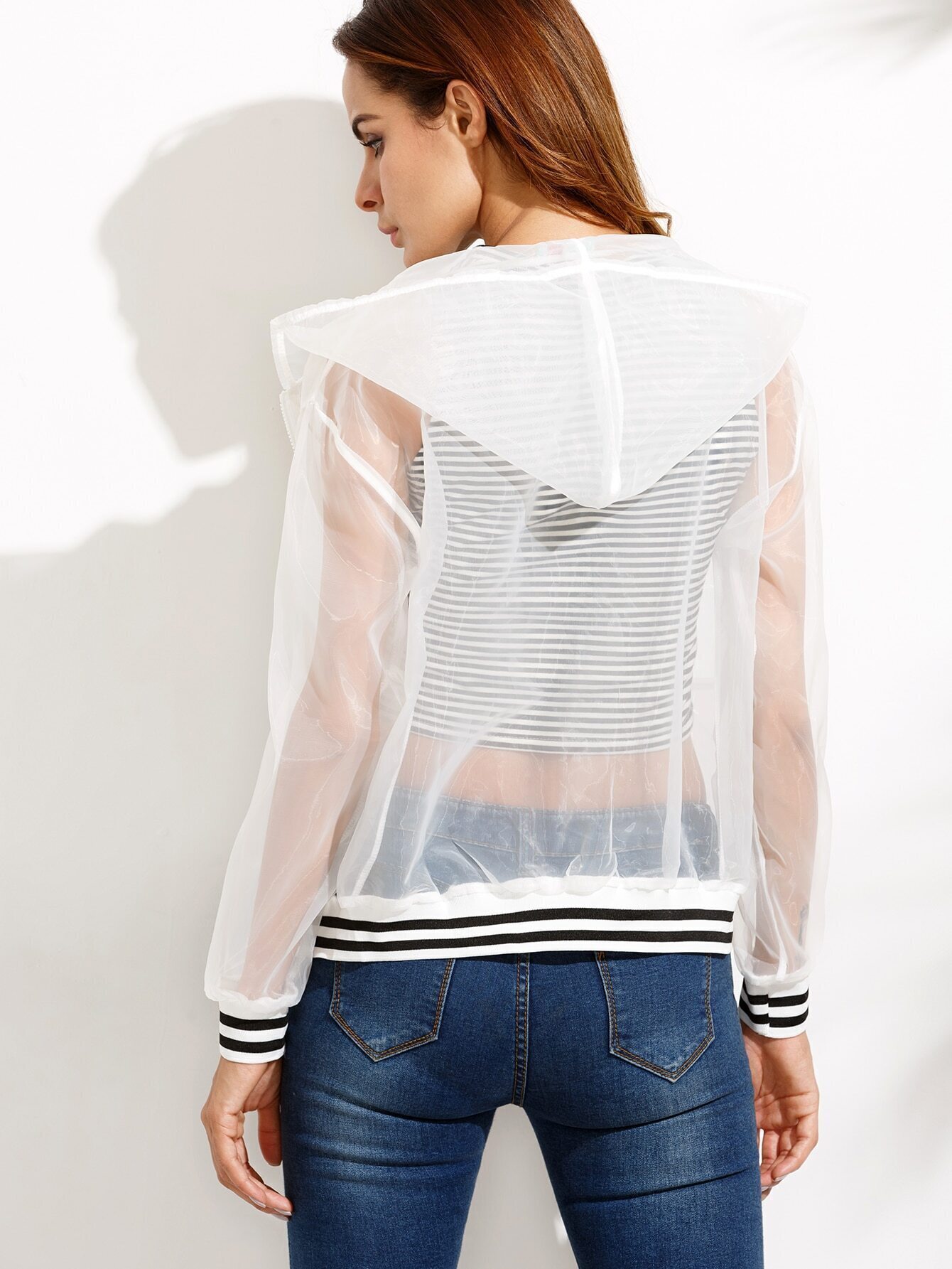 White Striped Trim Organza Mesh Hooded JacketFor Womenromwe