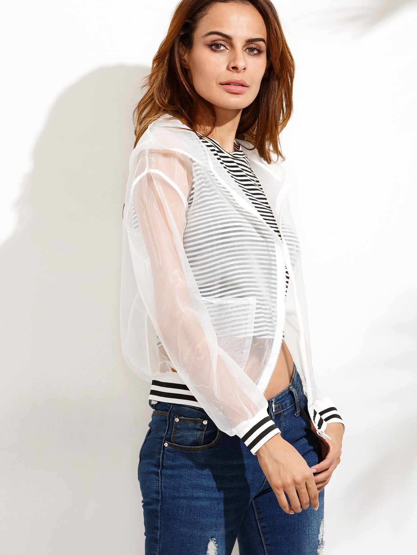 White Striped Trim Organza Mesh Hooded JacketFor Womenromwe