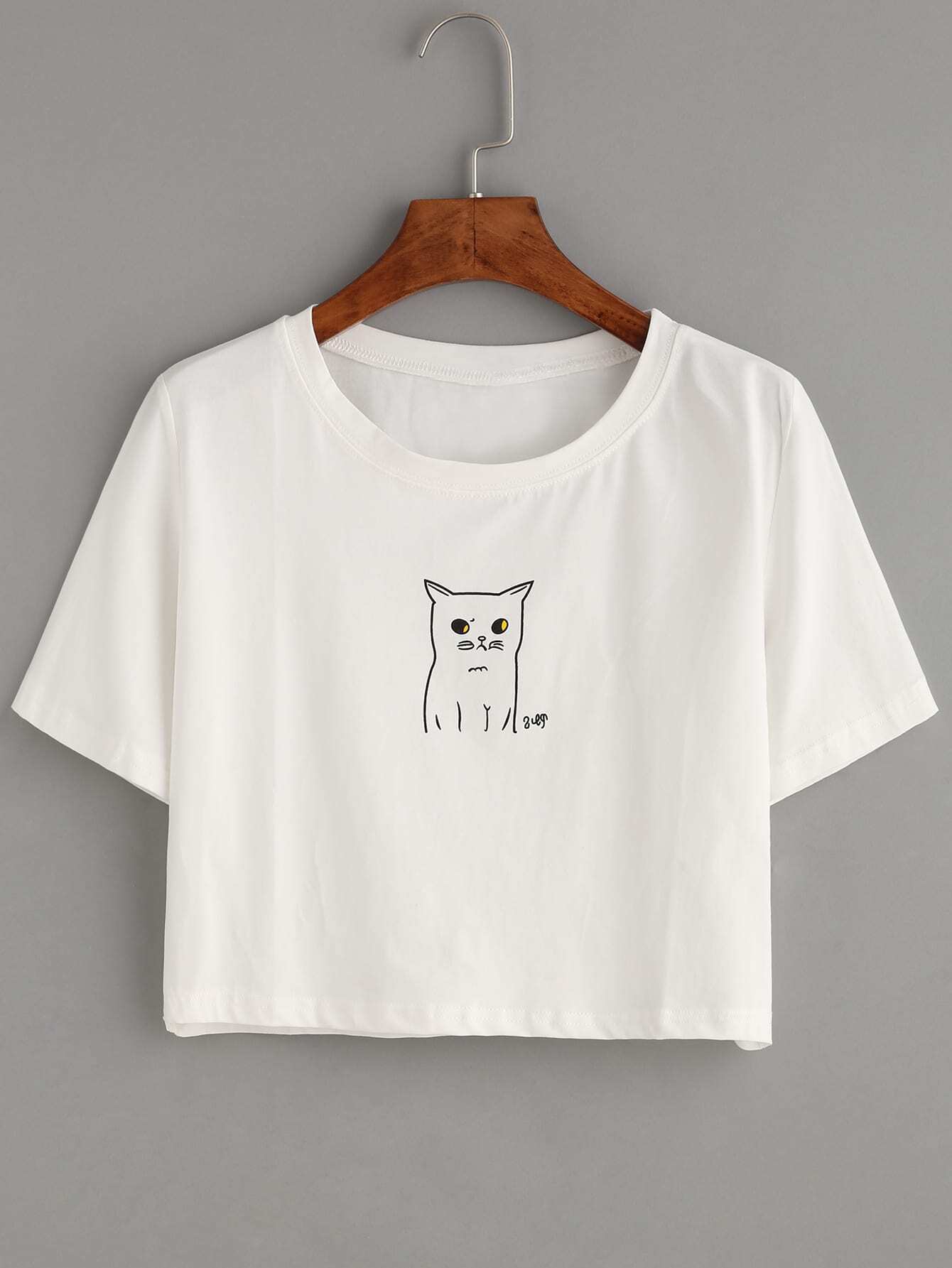 White Cat Print Crop TshirtFor Womenromwe