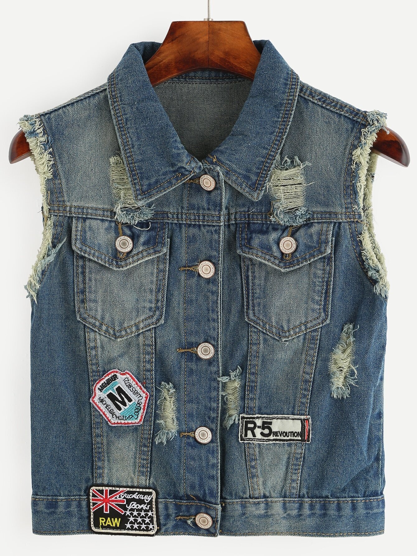 Blue Distressed Embroidered Patch Detail Denim VestFor Womenromwe