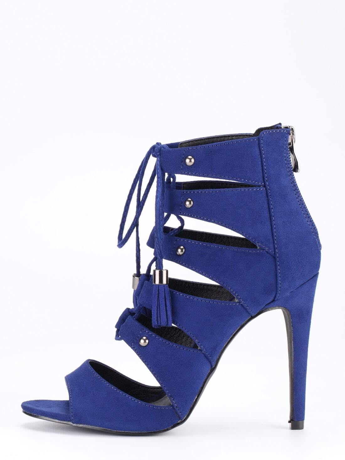 Faux Suede Lace-Up Peep Toe Heels - Blue