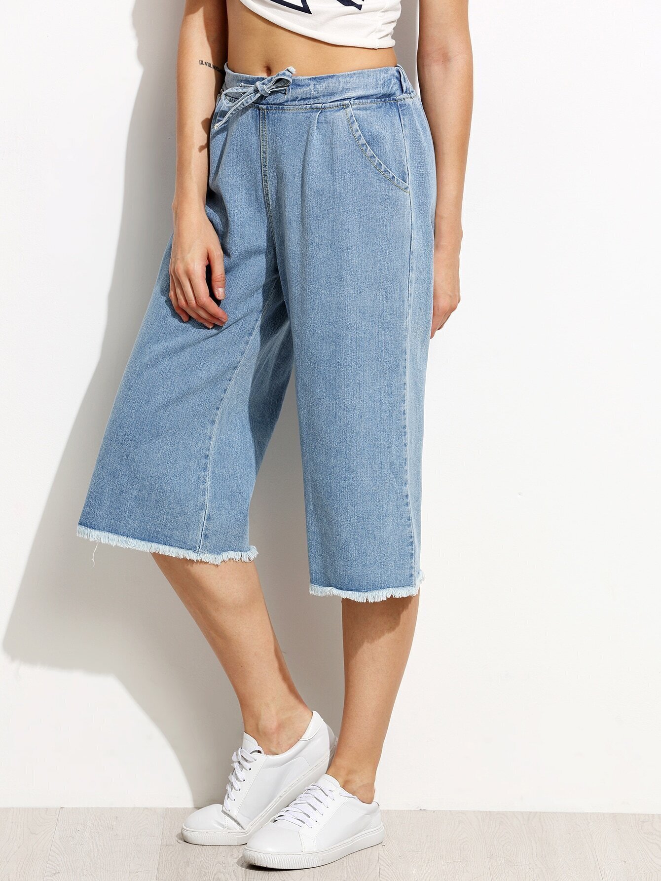 Blue Drawstring Waist Frayed Wide Leg JeansFor Womenromwe