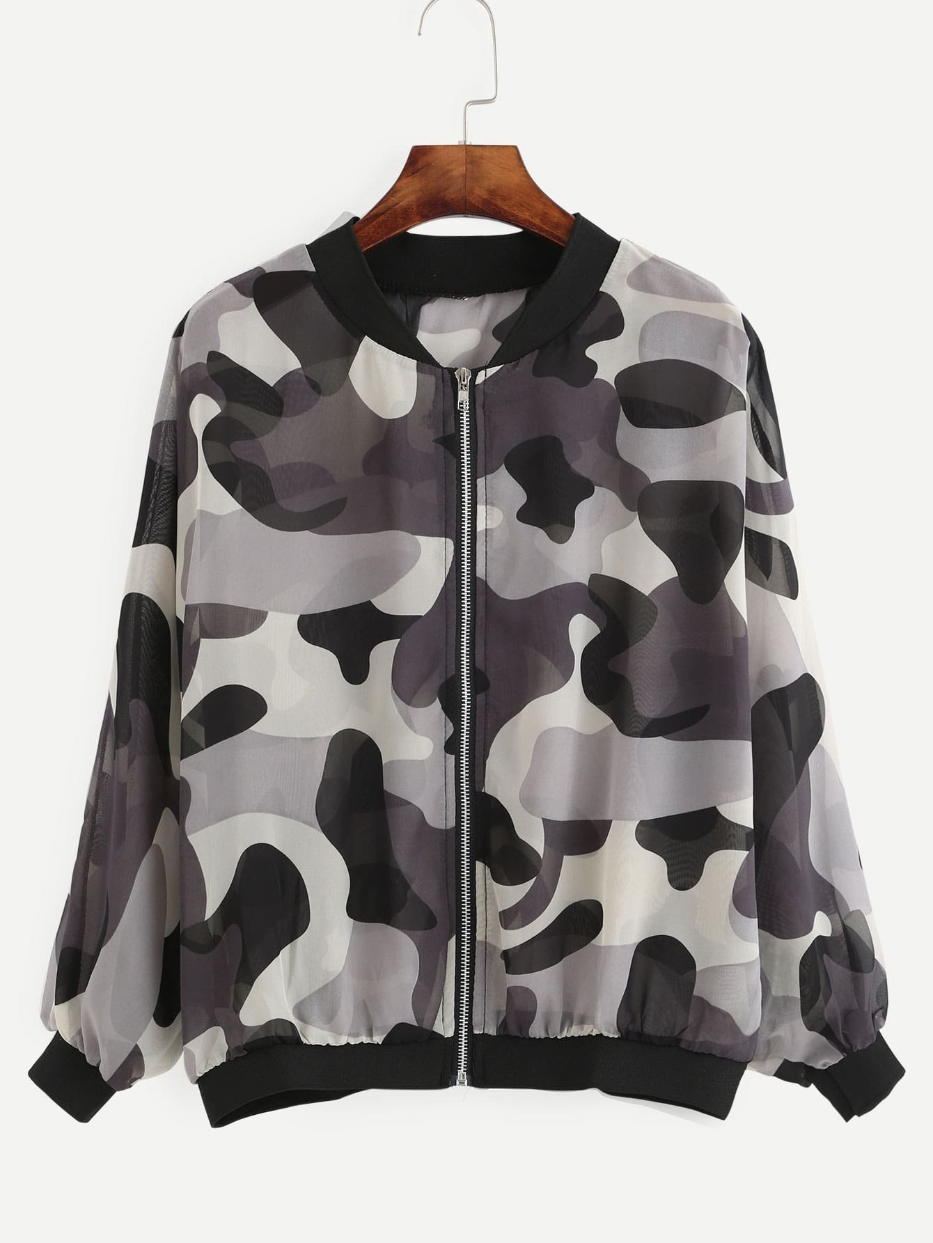 Grey Camo Print Chiffon Bomber JacketFor Womenromwe