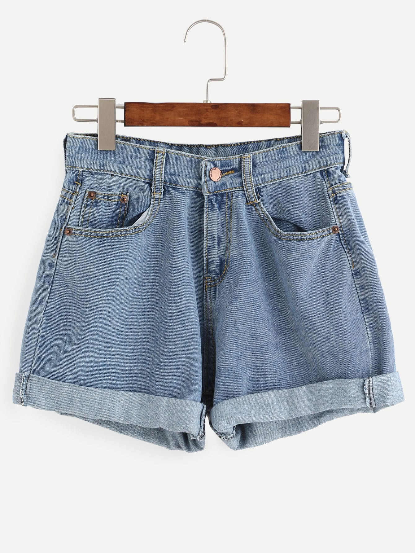 Blue Cuffed Denim ShortsFor Women-romwe