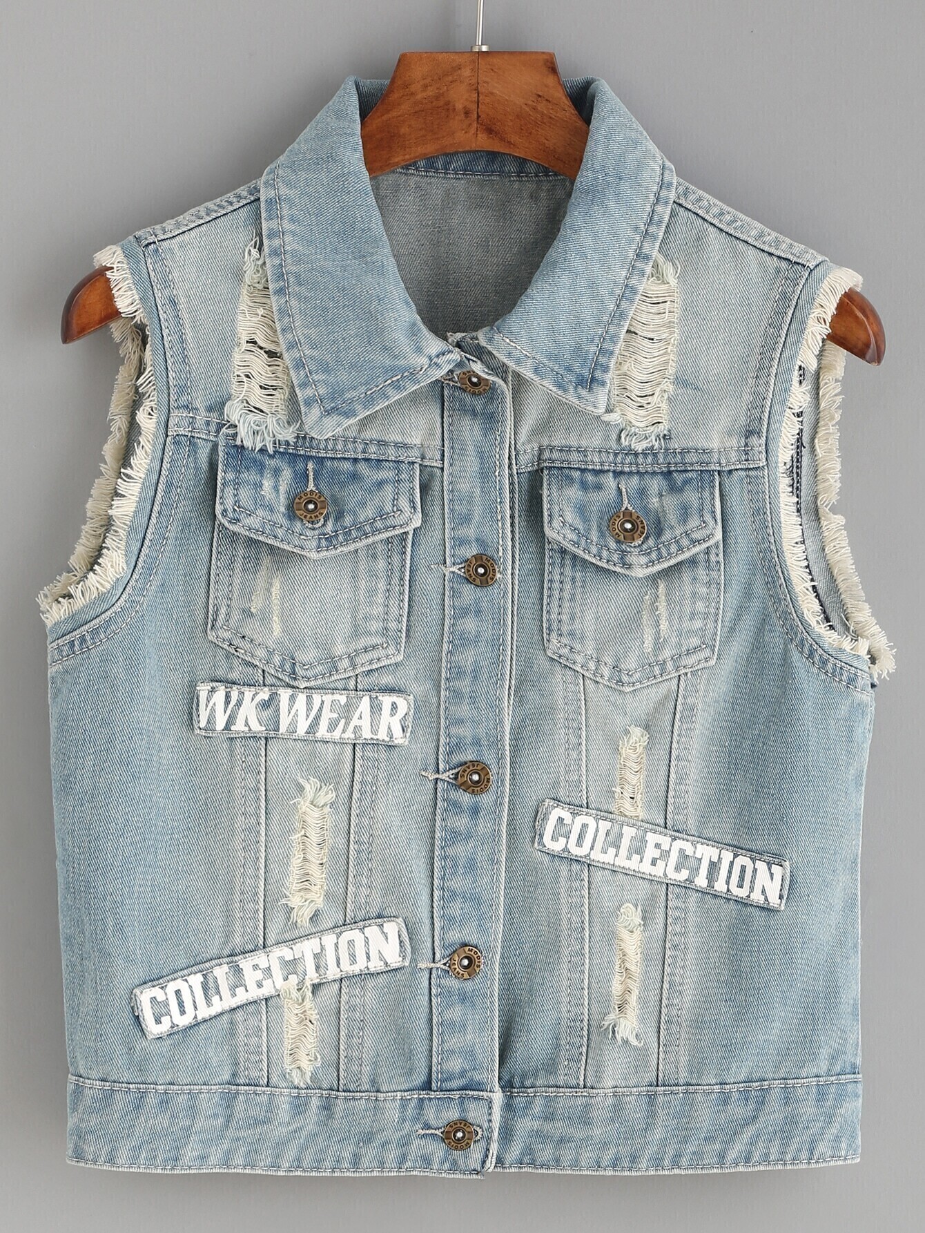blue letter print patch frayed denim vest blue letter print patch frayed denim vest