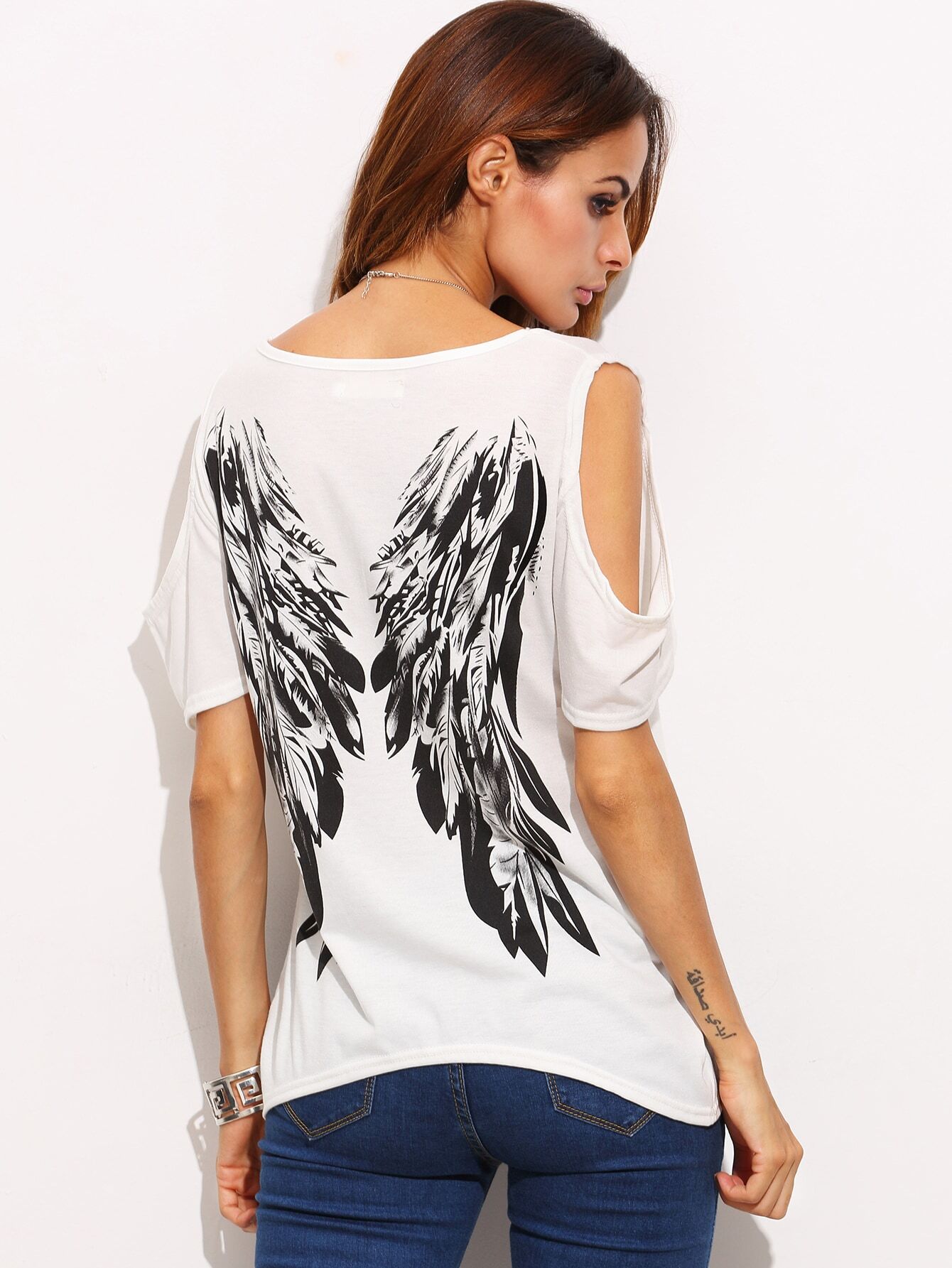 Ivory Open Shoulder Wings Print Back TshirtFor Womenromwe Ivory Open Shoulder Wings Print Back TshirtFor Womenromwe