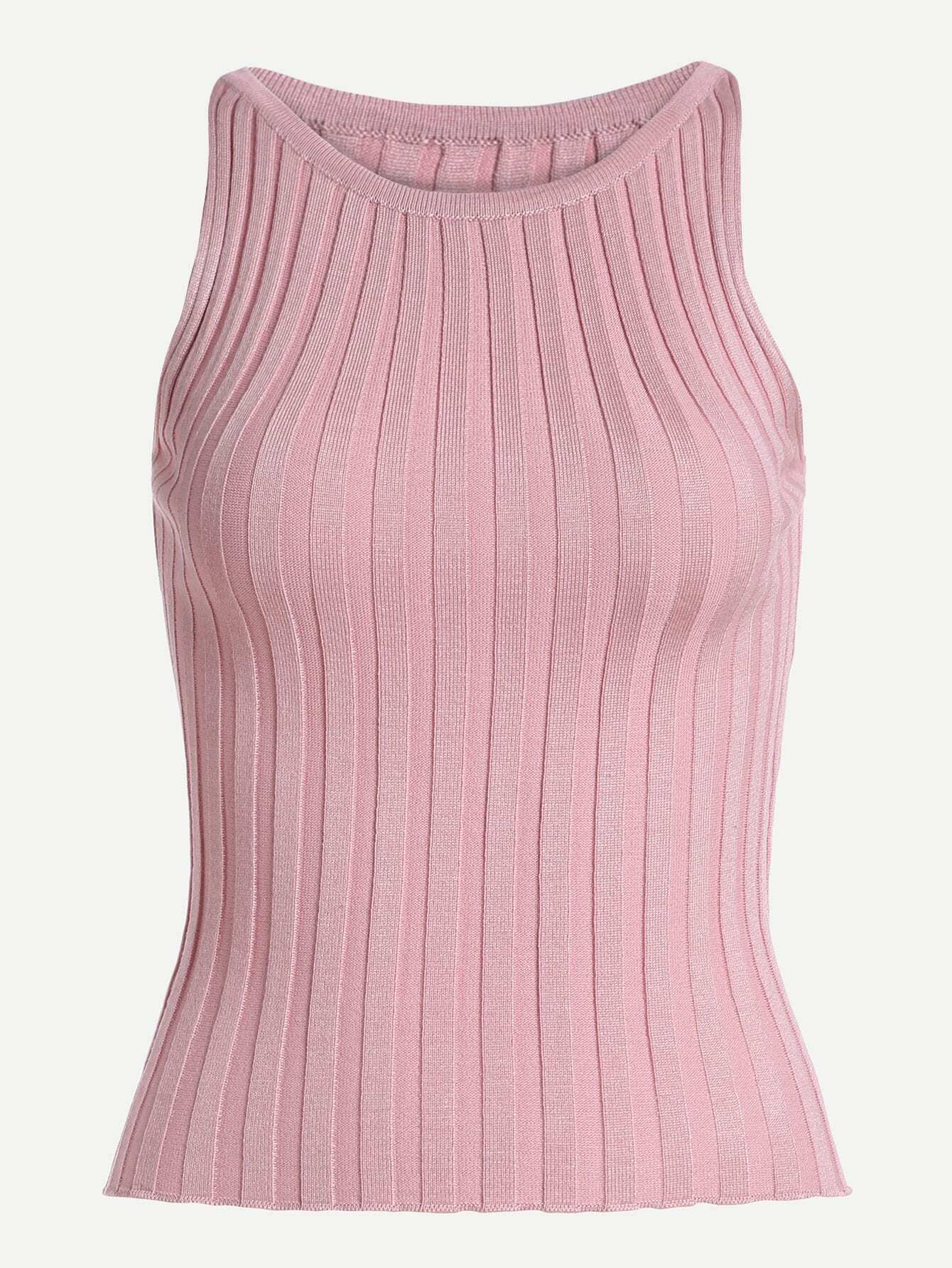Pink Ribbed Knit Tank TopFor Womenromwe