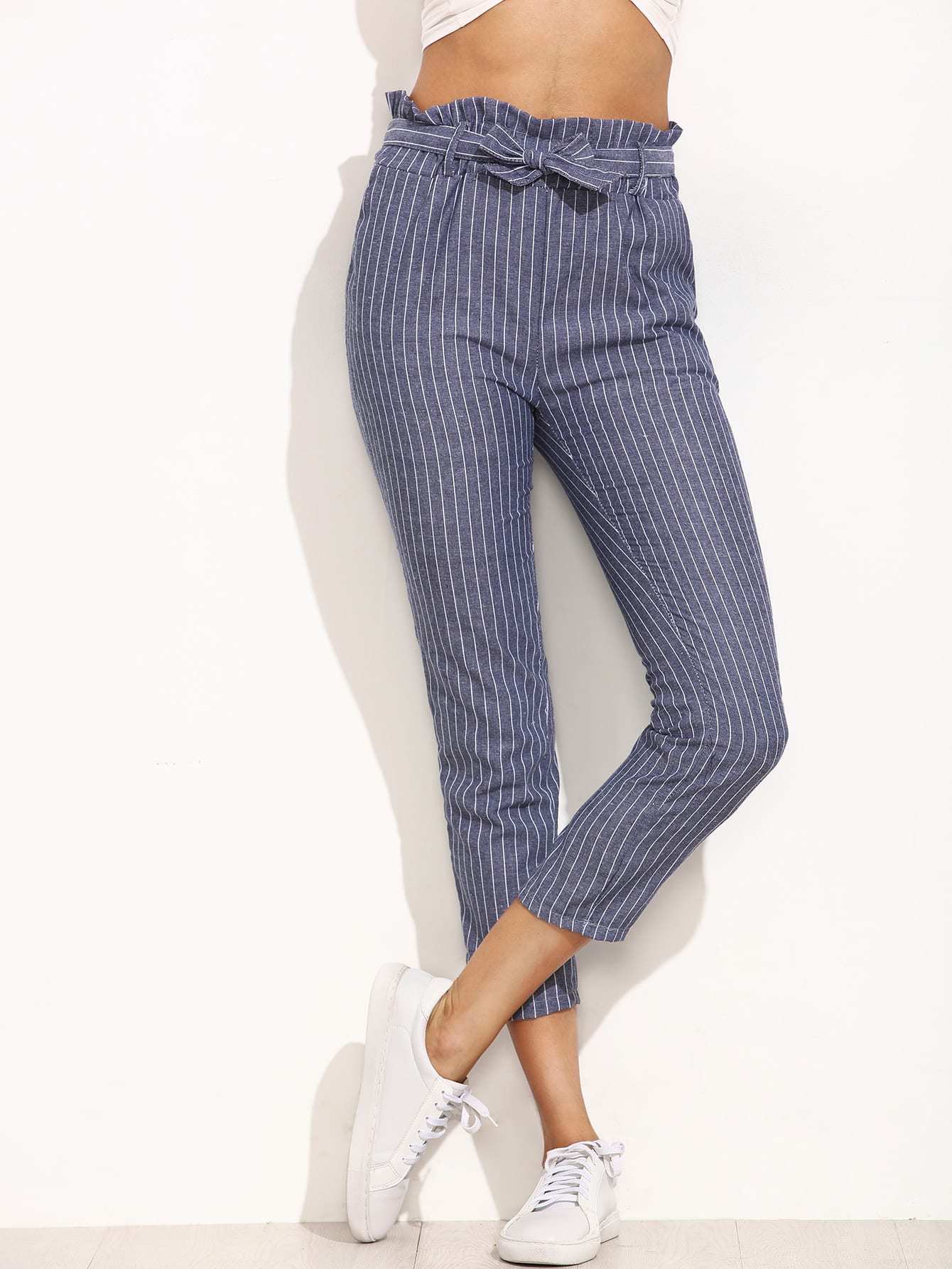 Blue Striped Ruffled Tie Waist Pants