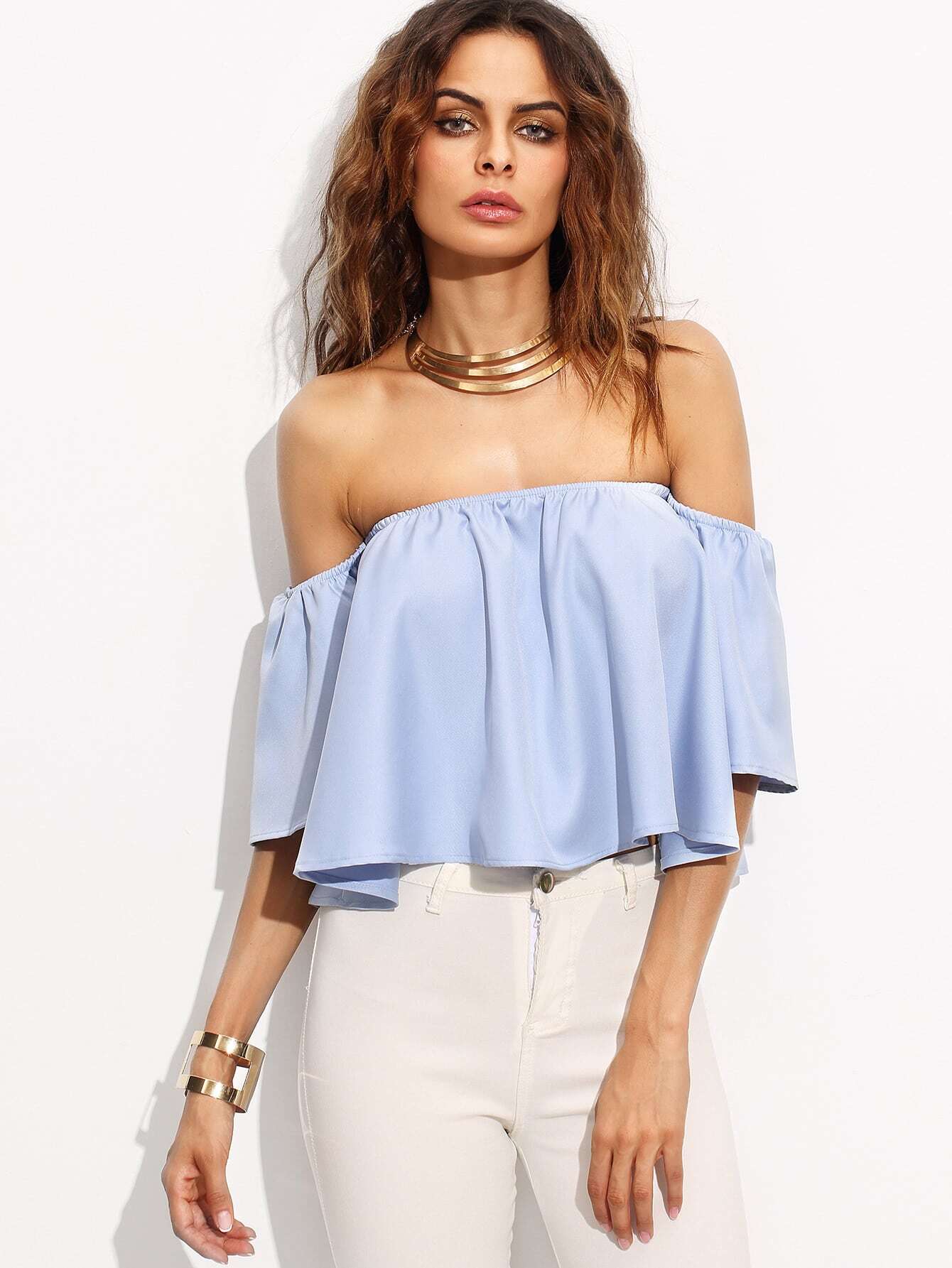 Blue Off The Shoulder Bell Sleeve Crop TopFor Womenromwe