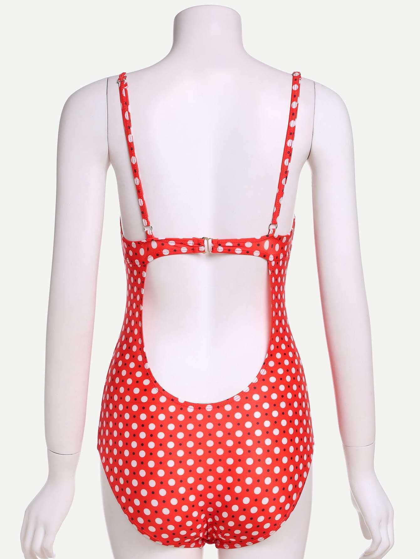 Red Polka Dot Print Bow Front Cutout One Piece SwimwearFor Womenromwe