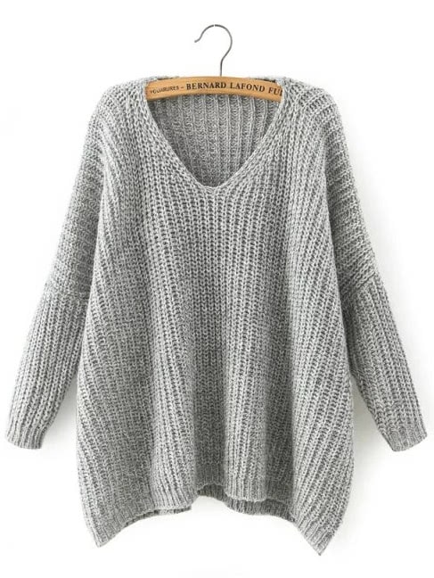 Light Grey V Neck Batwing Sleeve Loose Sweater