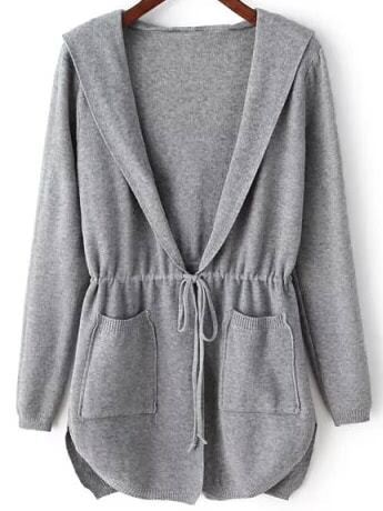 Grey Hooded Long Sleeve Pockets Cardigan - $27.99