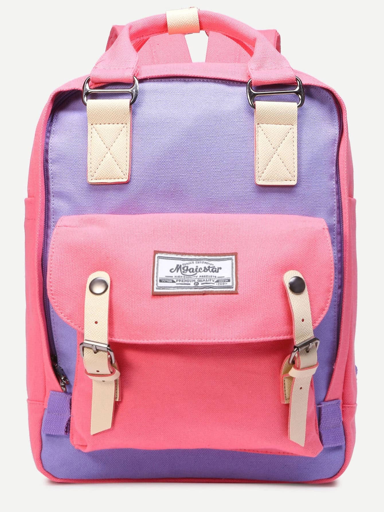 Pink Color Block Double Handle Square Canvas BackpackFor Womenromwe