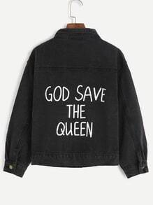Black Letter Print Back Button Denim Jacket
