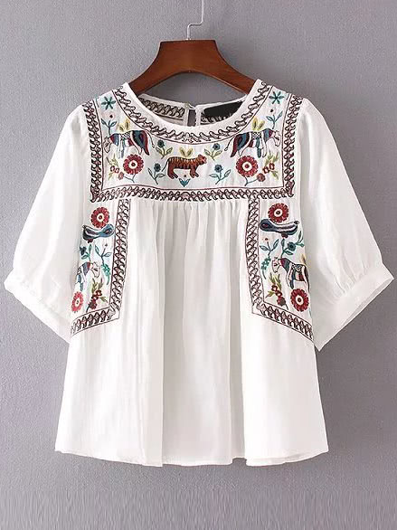 White Embroidery Elbow Sleeve Keyhole Blouse
