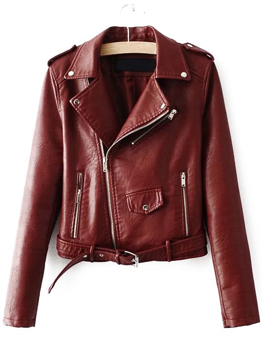 Burgundy Faux Leather Belted Moto Jacket With Zipper