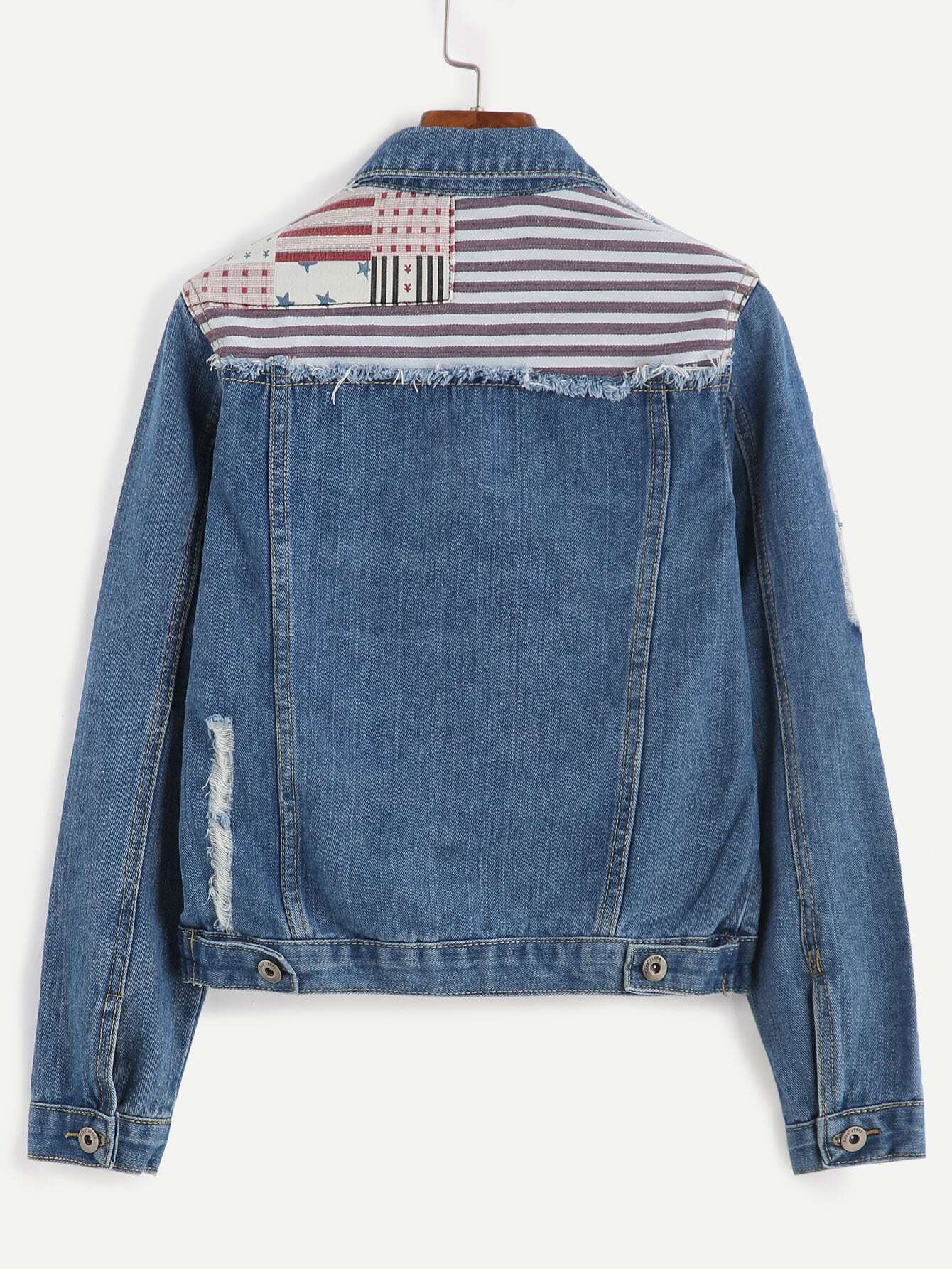 Blue Striped Ripped Contrast Yoke Denim JacketFor Womenromwe
