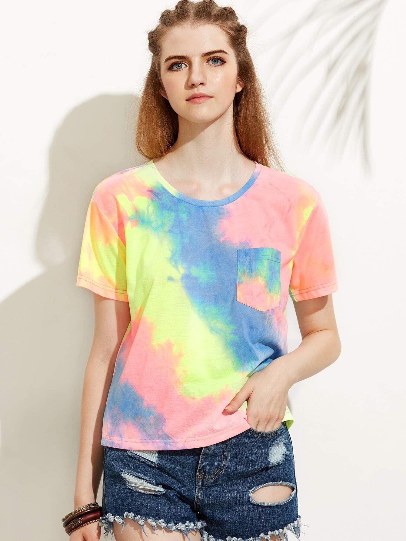 Multicolor Print Round Neck Pocket Short Sleeve T-shirt