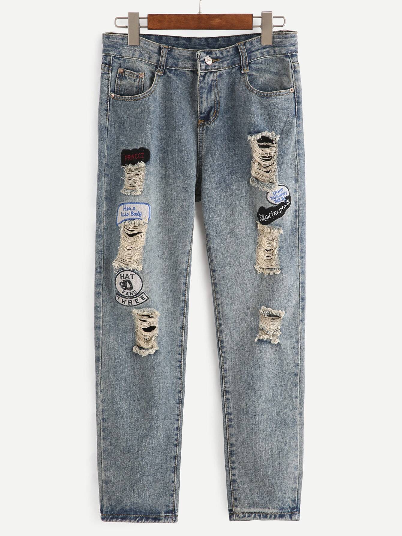 Blue Ripped Embroidered Patches JeansFor Womenromwe