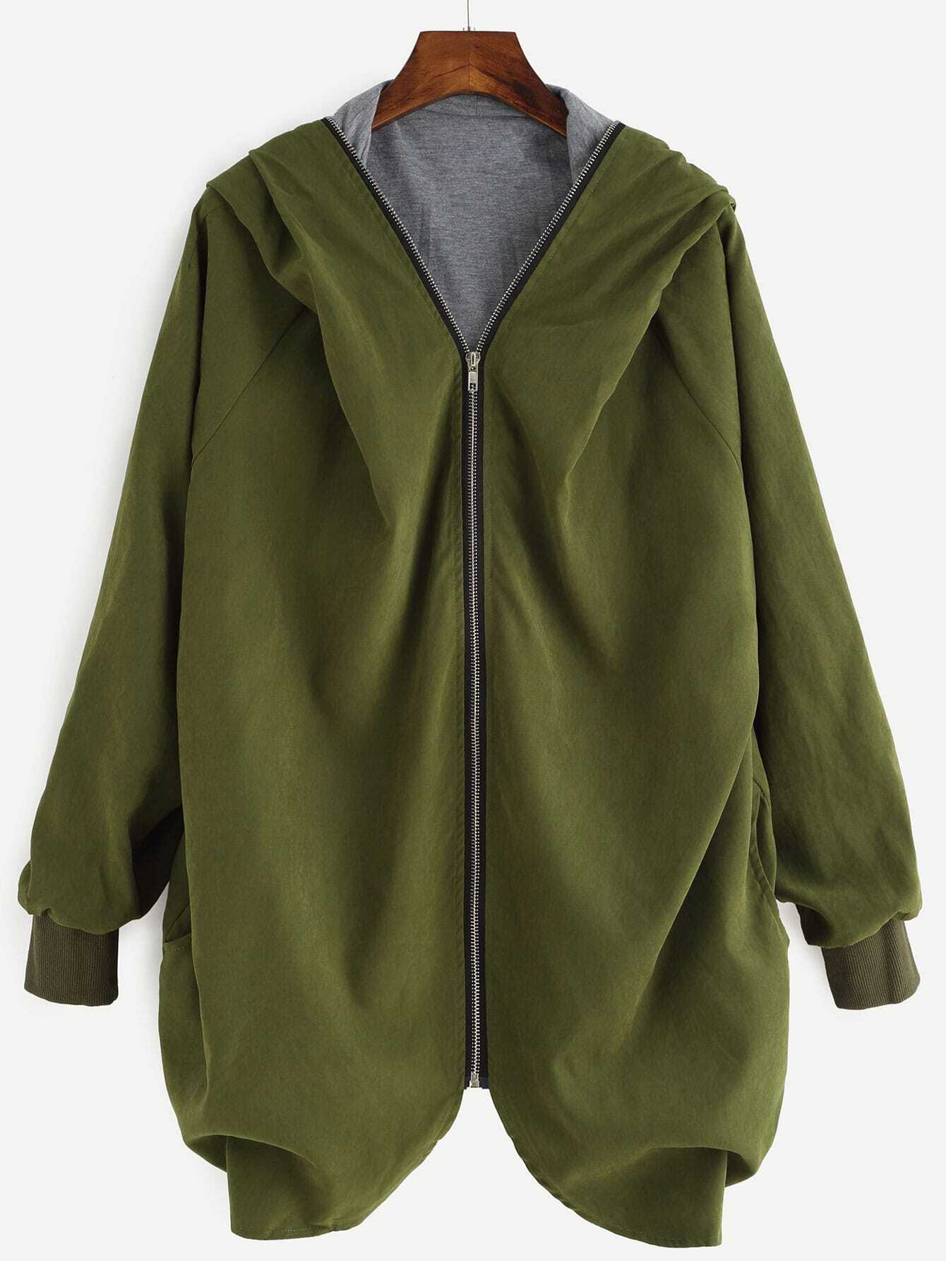 Army Green Raglan Sleeve Zipper Hooded Coat
