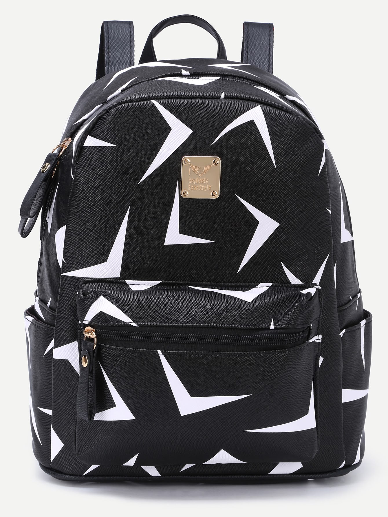 Black Triangle Print Metal Embellished Zip Pocket Backpack