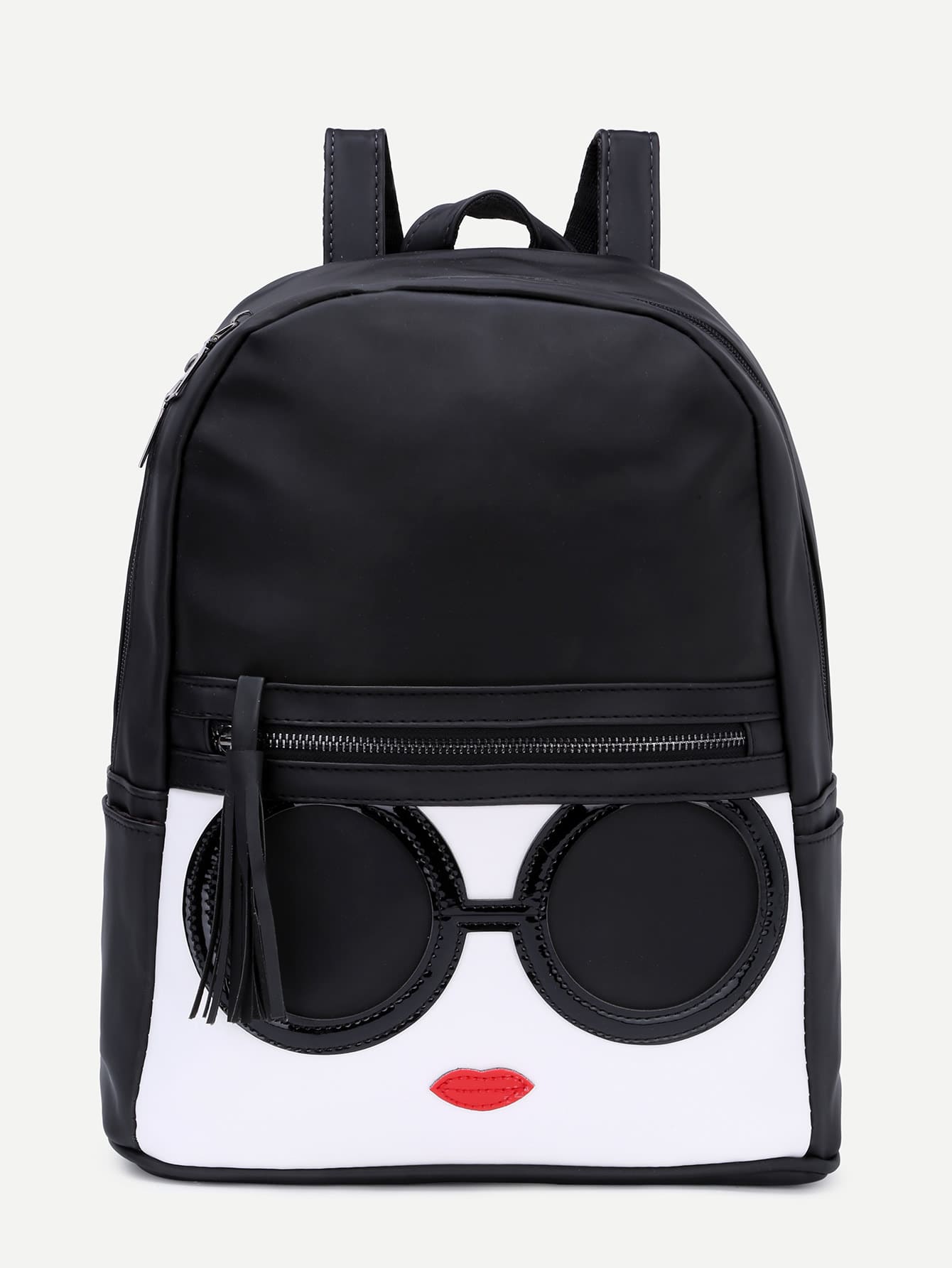 Black Contrast Patch Stitch Detail Zip Pocket Backpack