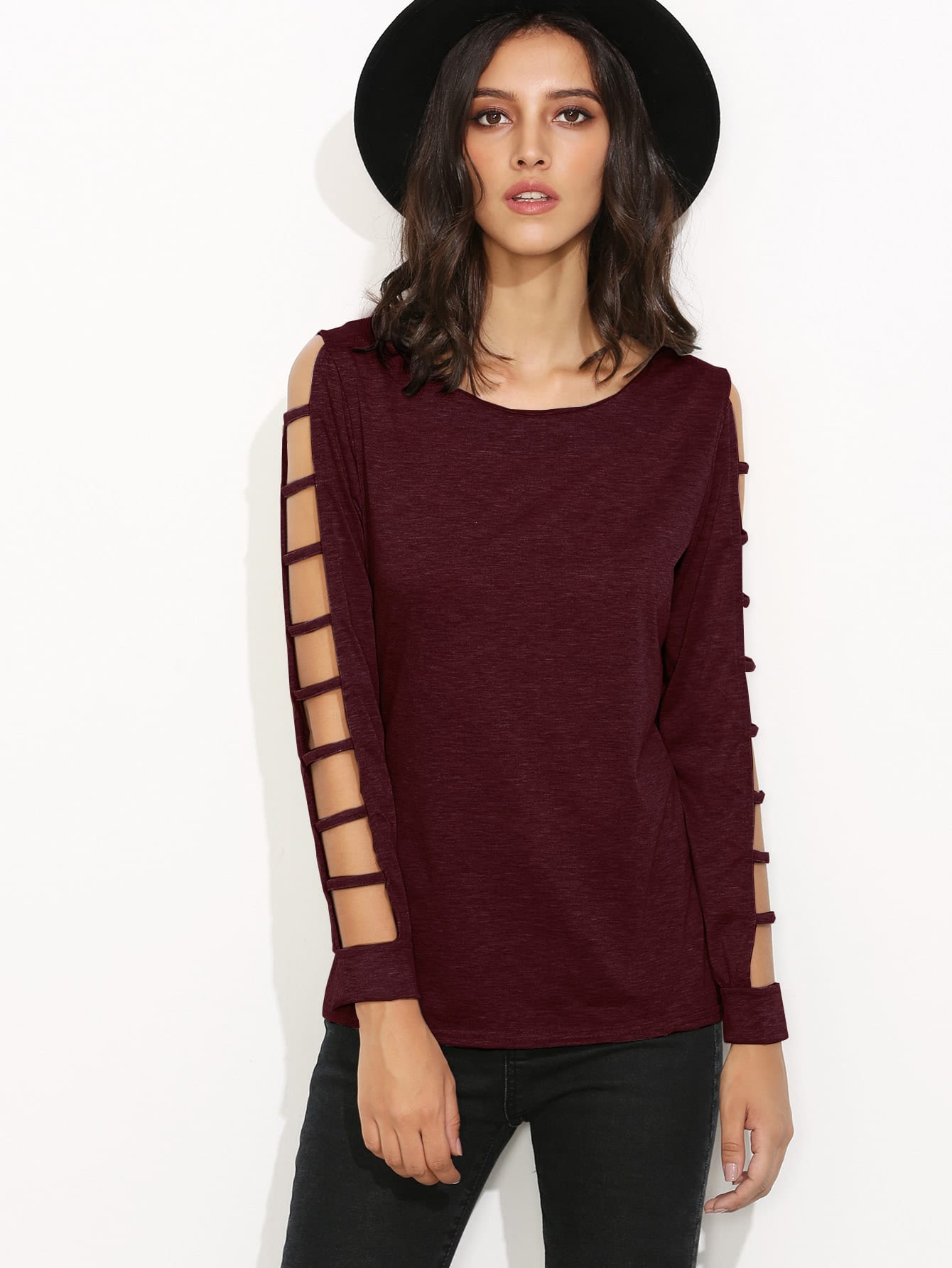Burgundy Ladder Cut Out Sleeve TshirtFor Womenromwe
