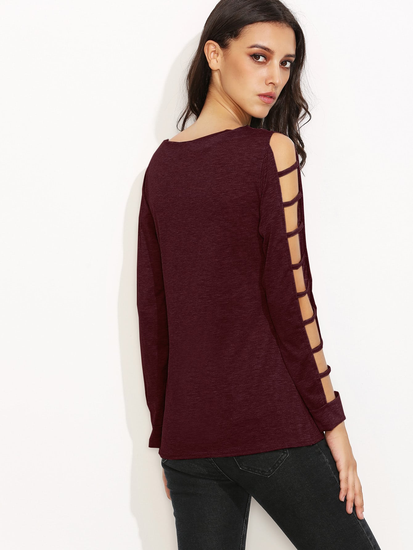 Burgundy Ladder Cut Out Sleeve TshirtFor Womenromwe