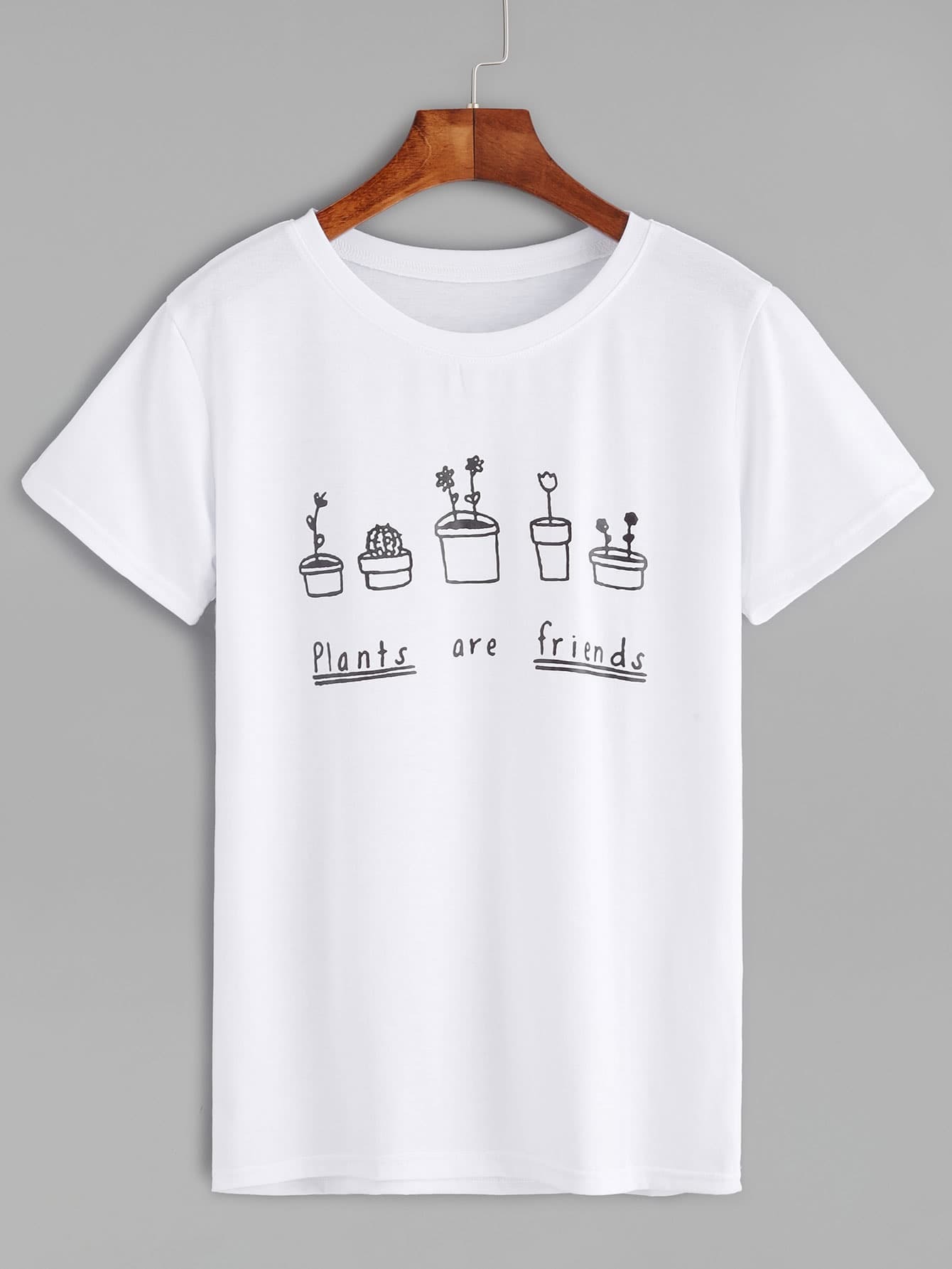 White Plants And Letters Print T-shirtFor Women-romwe White Plants And Letters Print T-shirtFor Women-romwe