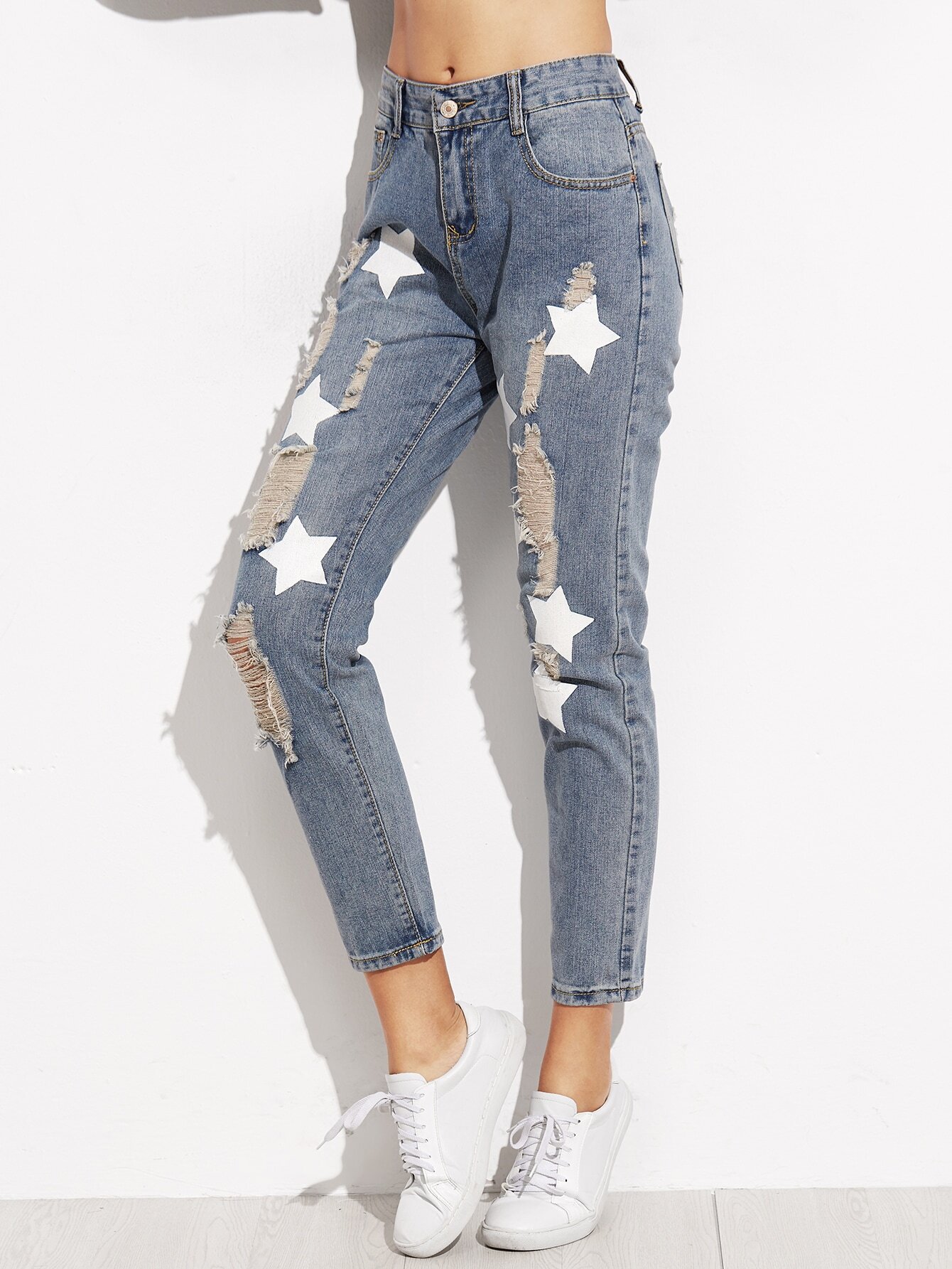Ripped Pattern Jeans | blue star pattern ripped denim pantsfor women romwe Ripped Pattern Jeans | blue star pattern ripped denim pantsfor women romwe