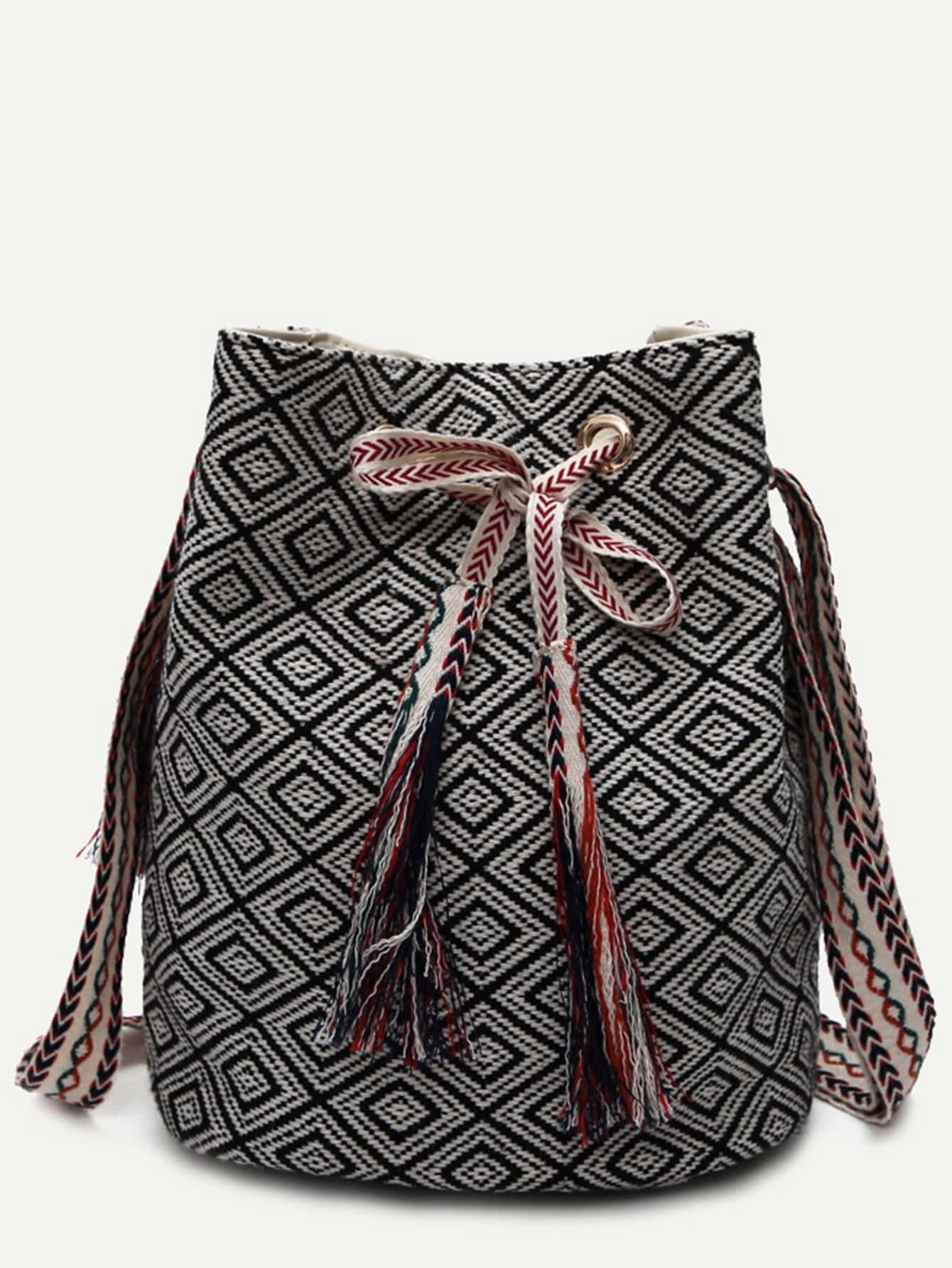 Black Meande Pattern Canvas Bucket Bag Black Meande Pattern Canvas Bucket Bag