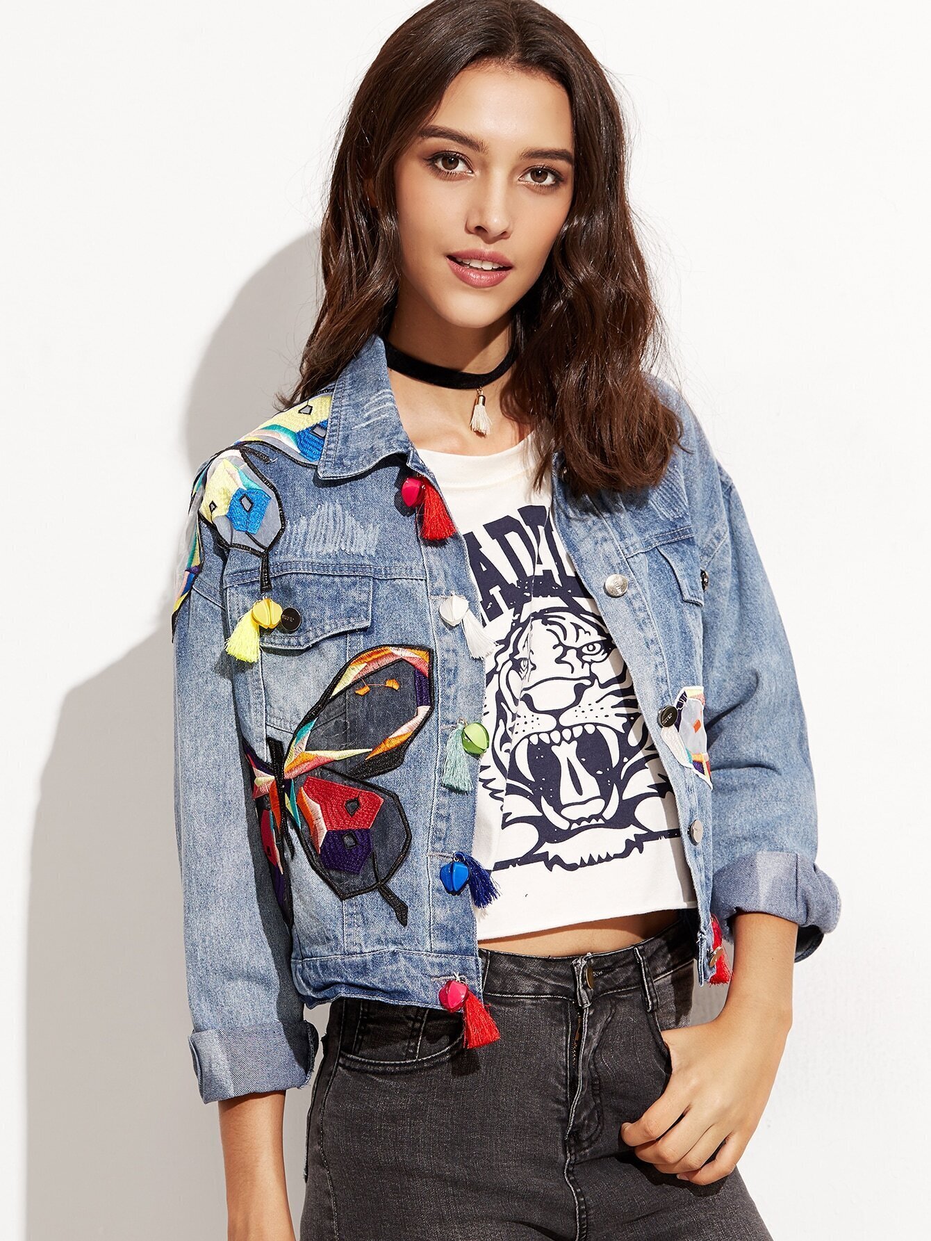 Blue Embroidered Tassel Trim Denim JacketFor Womenromwe