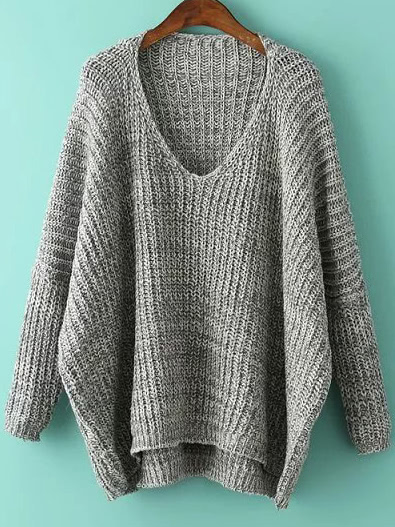 Grey V Neck Batwing Sleeve Dip Hem Oversized Sweater