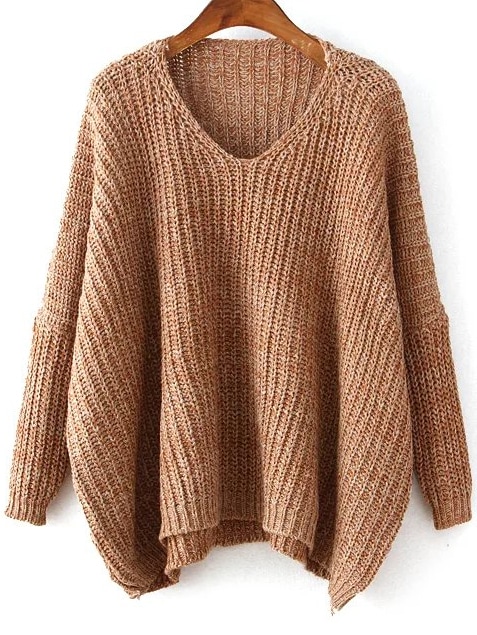 Khaki V Neck Batwing Sleeve Dip Hem Oversized Sweater