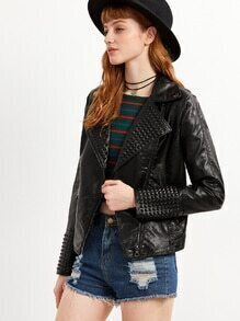 Black Lapel Oblique Zipper PU Moto Jacket
