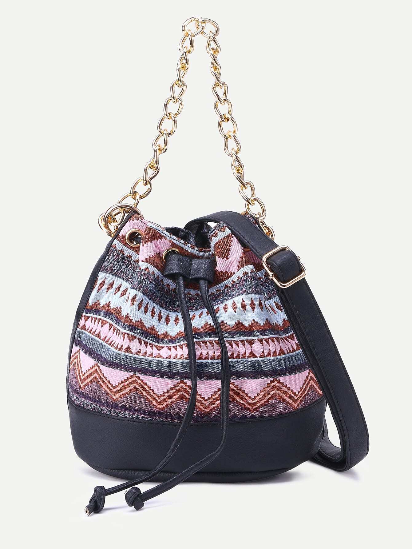 Pink Tribal Print Drawstring Bucket Bag