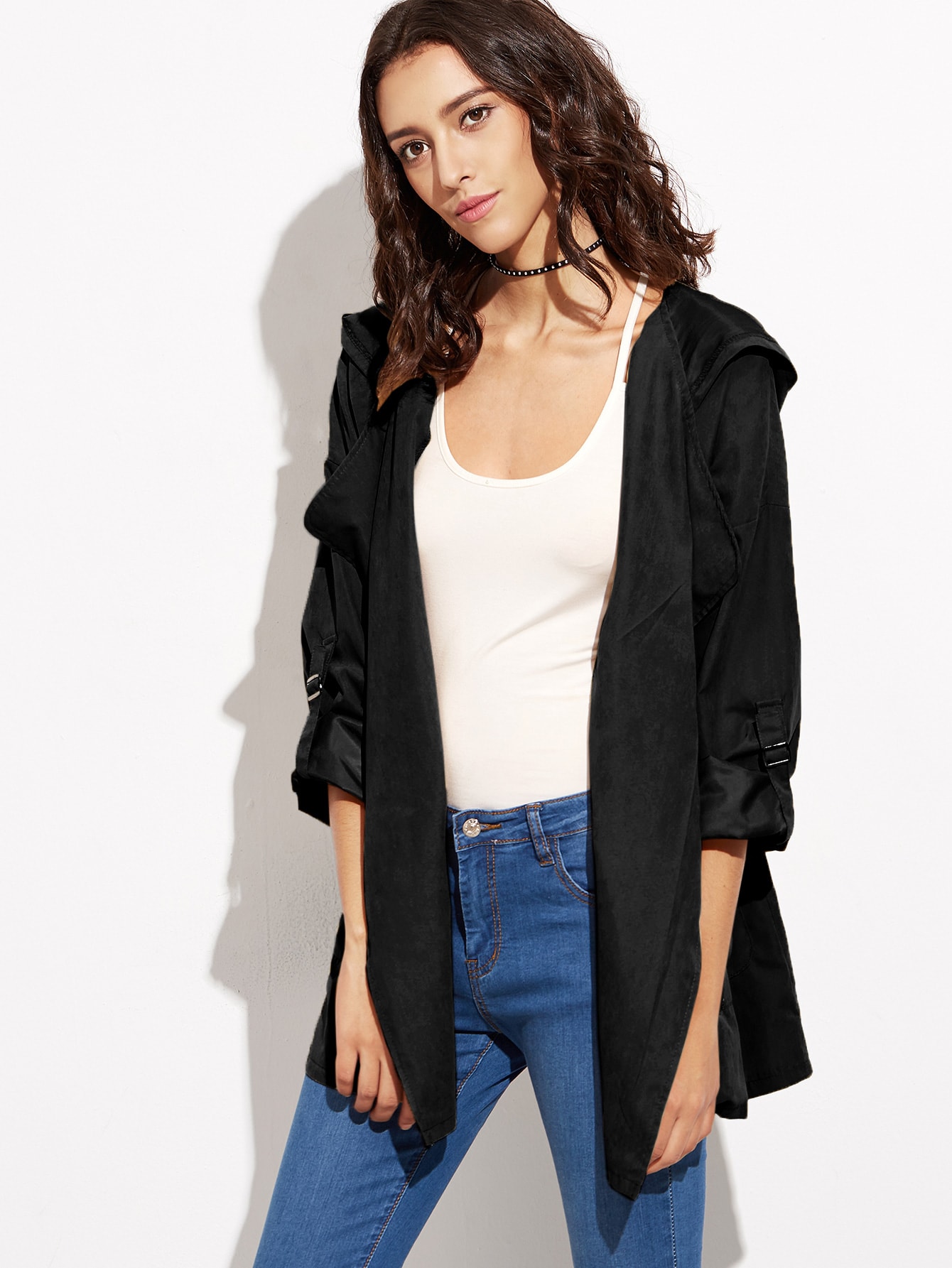 Black Drawstring Pockets Hooded Coat