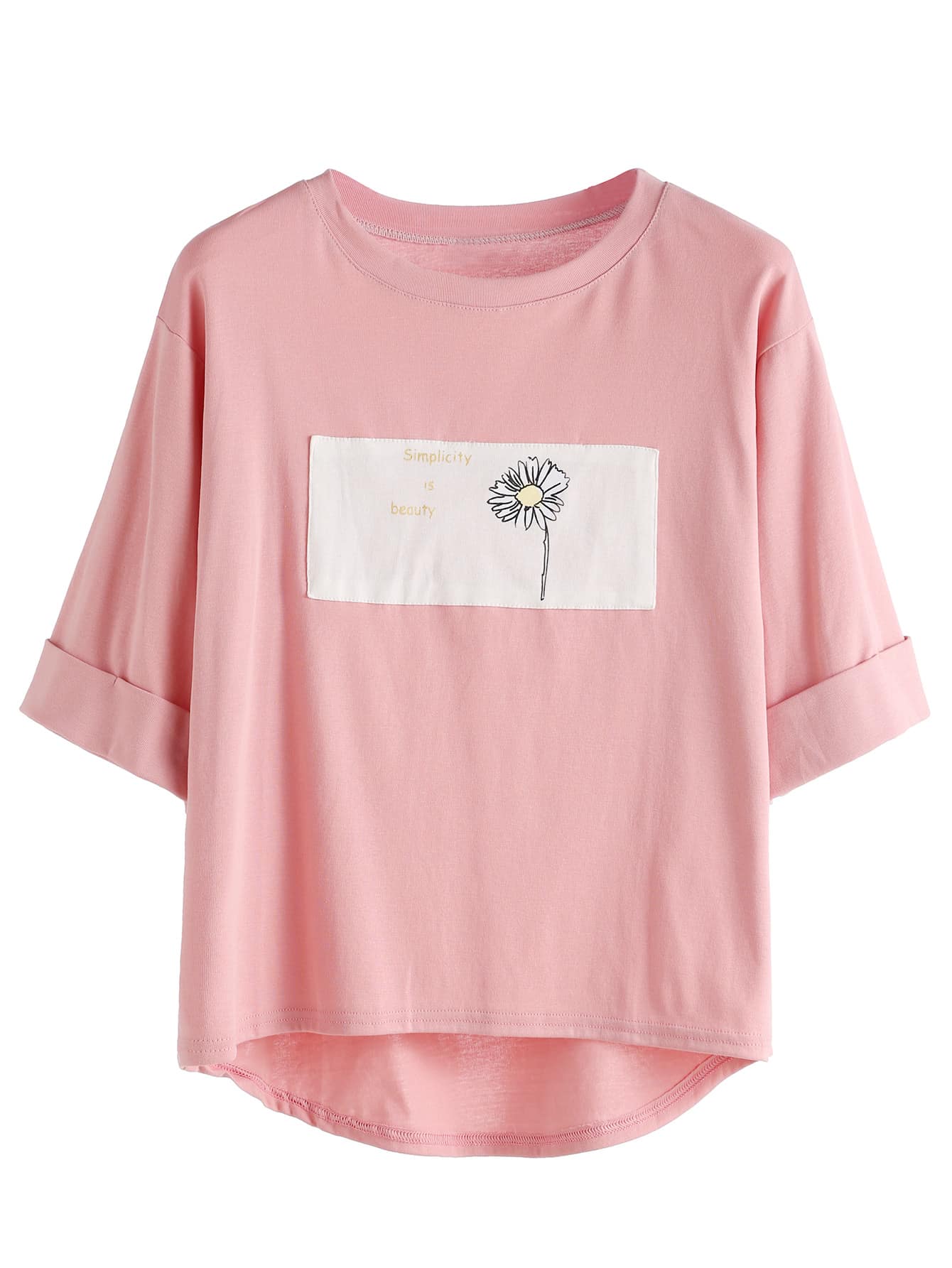 Pink Contrast Daisy Print High Low Cuffed T-shirt