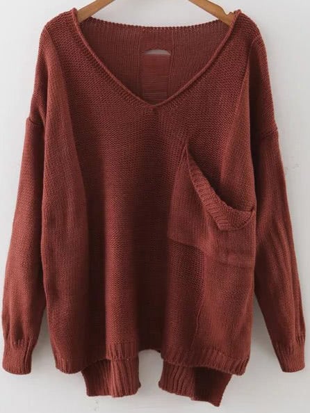 Brown V Neck Drop Shoulder Dip Hem Sweater With Pocket