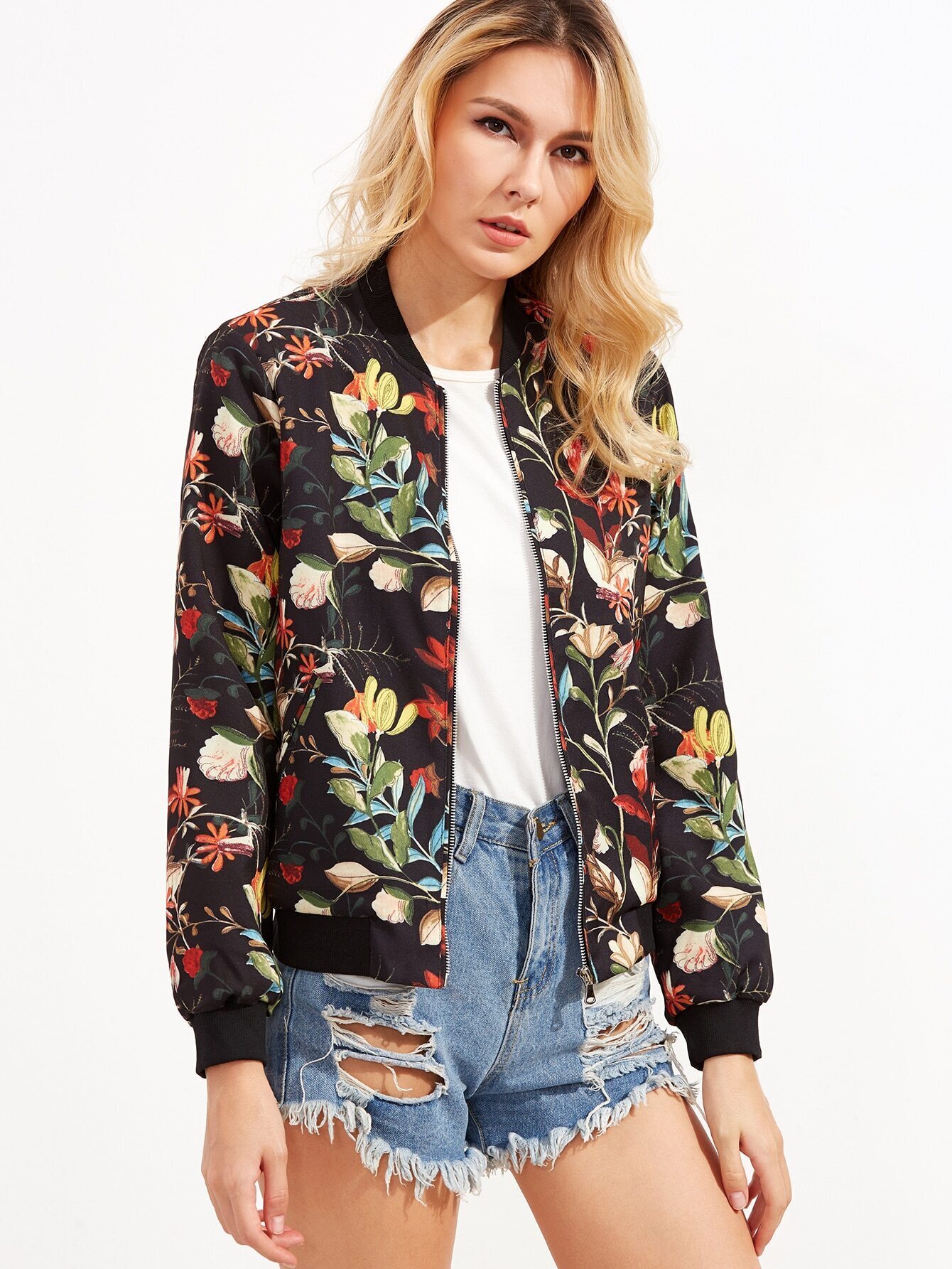 Black Floral Print Zipper Up Jacket With PocketsFor Womenromwe