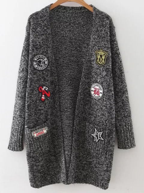 Black Marled Knit Patch Long Cardigan With Pockets