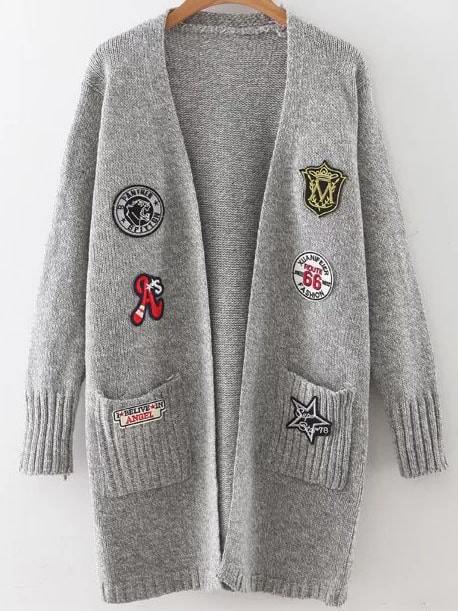 Grey Marled Knit Patch Long Cardigan With Pockets
