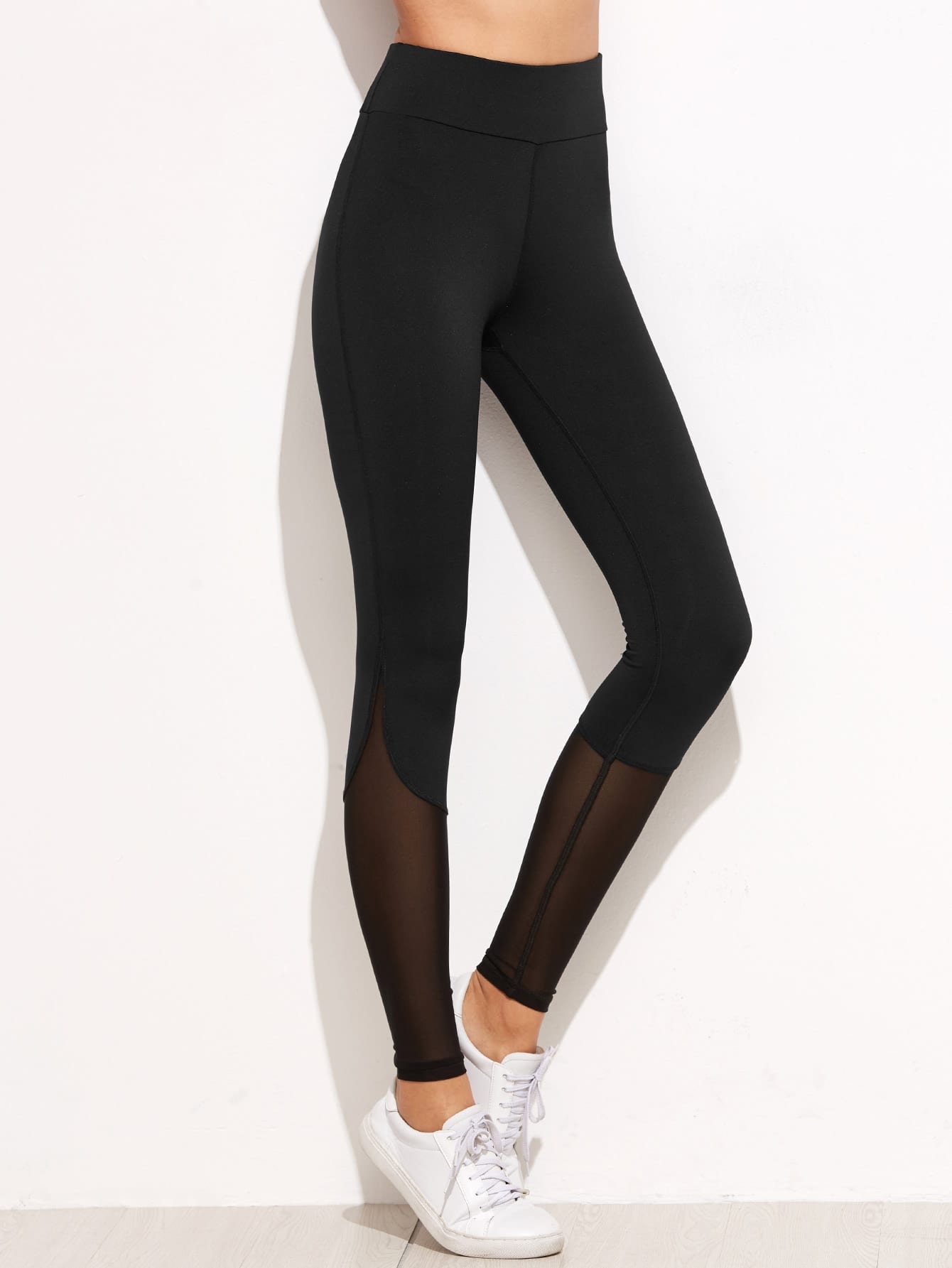 Black Contrast Mesh LeggingsFor Womenromwe