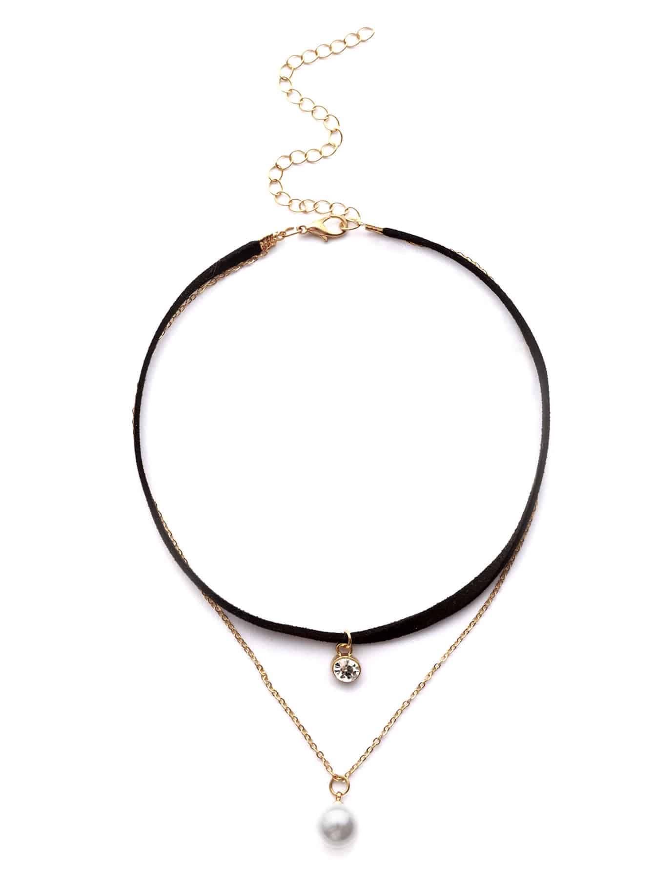 Black Rhinestone And Faux Pearl Pendant Layered Choker